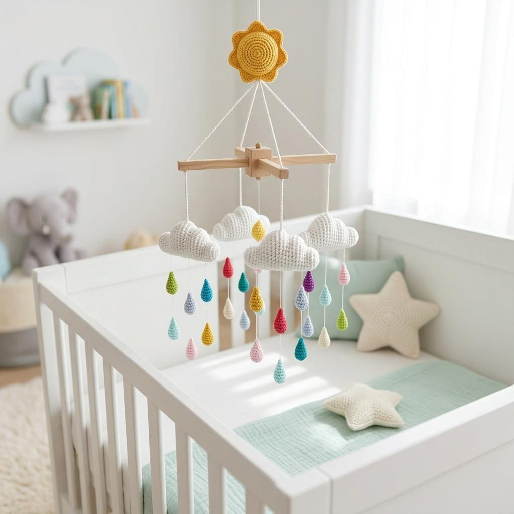 Gehäkeltes Baby-Mobile mit Wolken, Regentropfen und Regenbogen – Ansicht 3 – Maschenblüte