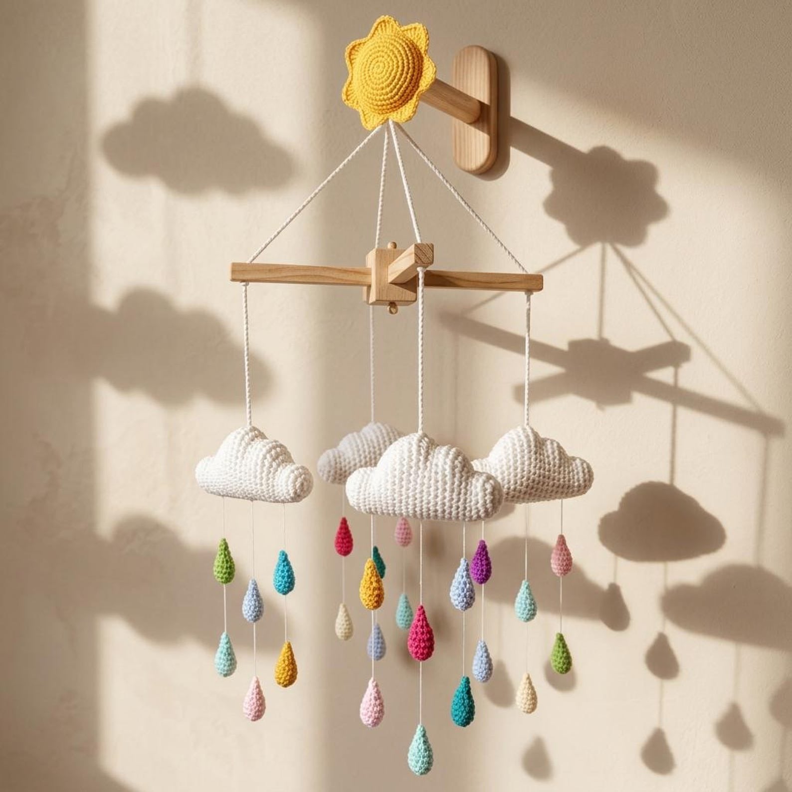 Gehäkeltes Baby-Mobile mit Wolken, Regentropfen und Regenbogen – Ansicht 5 – Maschenblüte