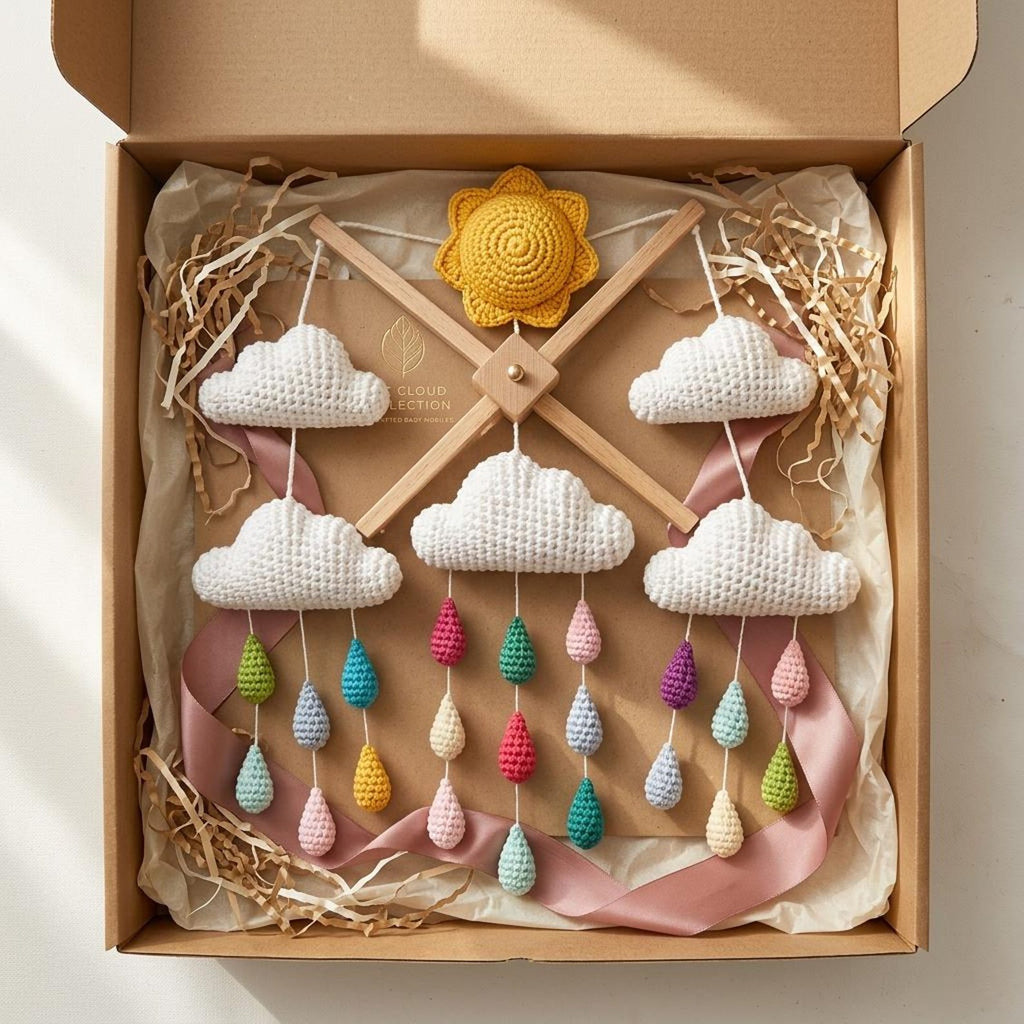 Gehäkeltes Baby-Mobile mit Wolken, Regentropfen und Regenbogen – Ansicht 6 – Maschenblüte