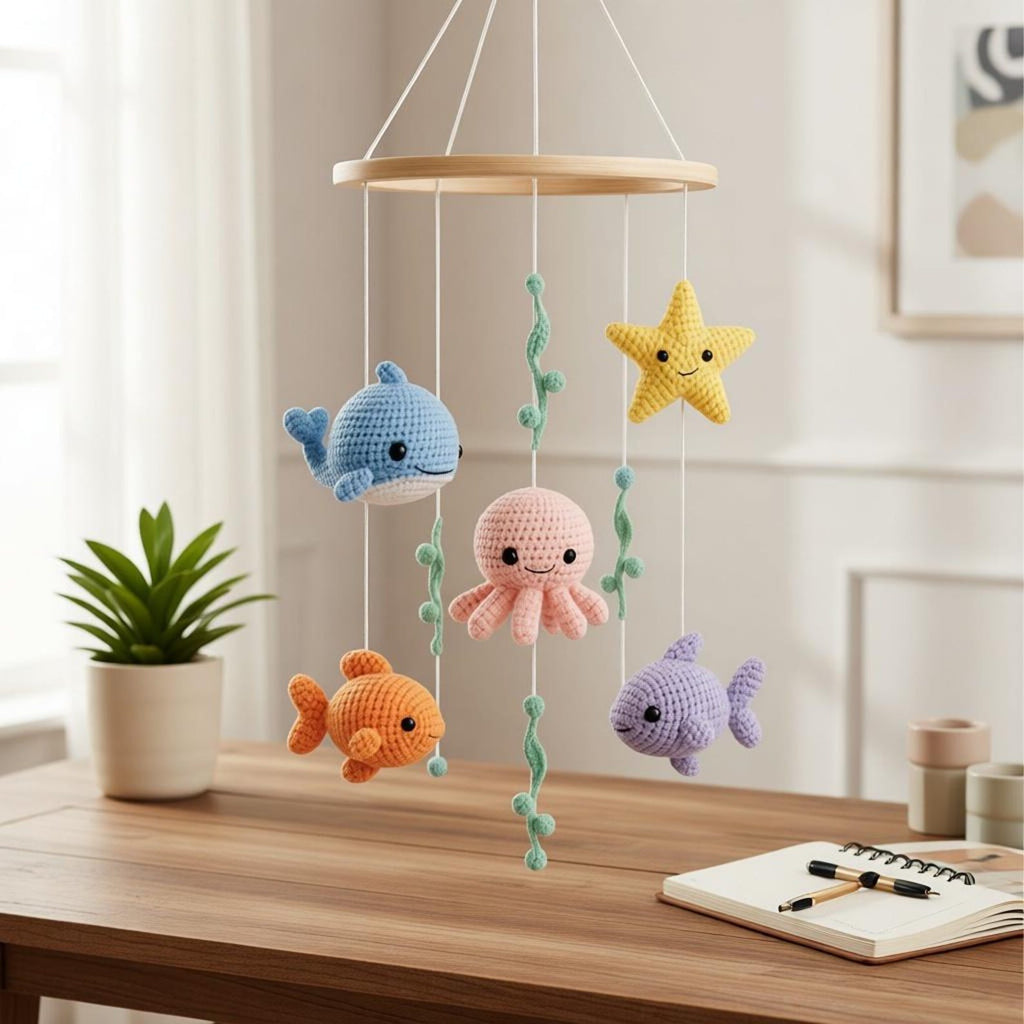Gehäkeltes Baby-Mobile mit Wal, Oktopus und Meeresmotive – Ansicht 1 – Maschenblüte