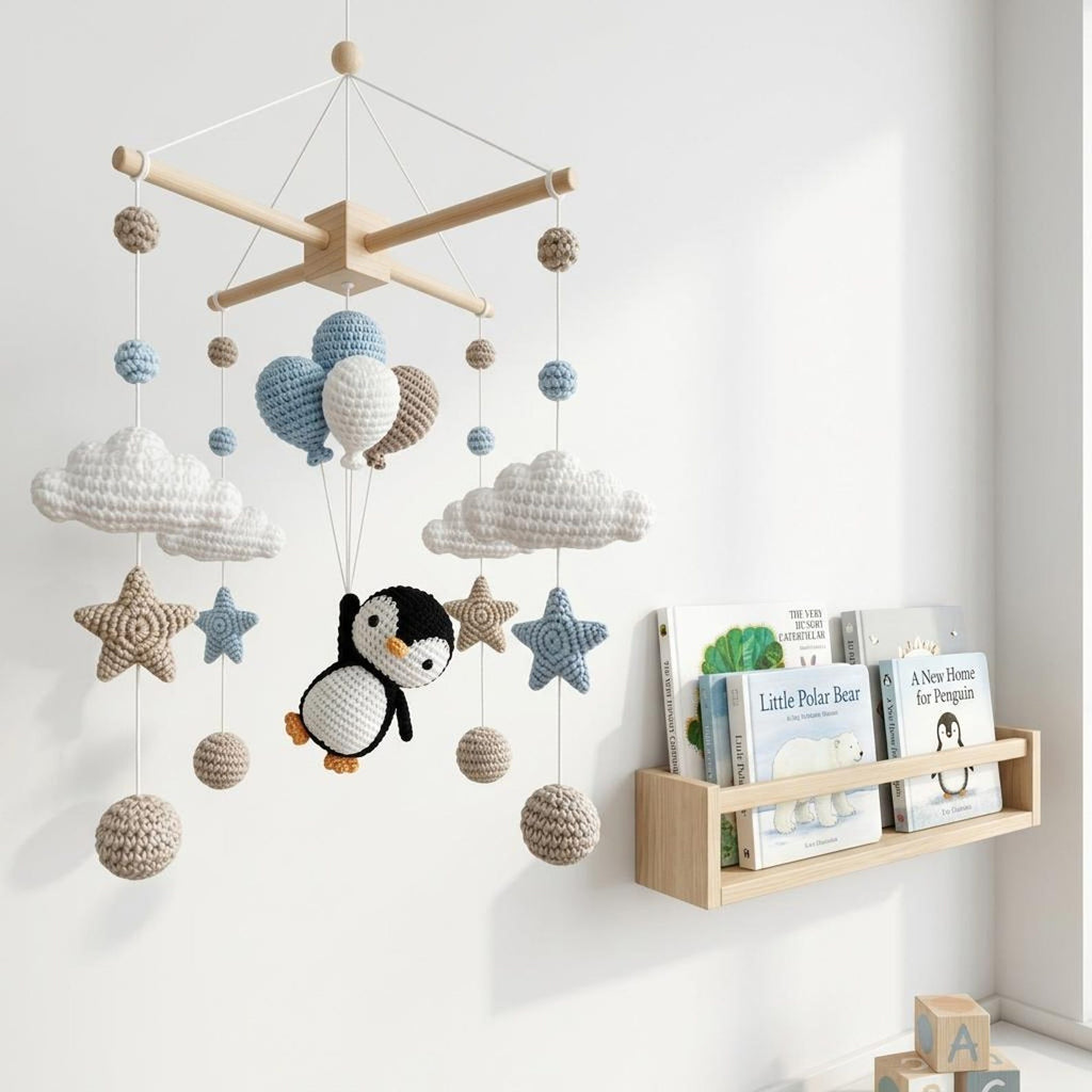 Gehäkeltes Baby-Mobile mit Pinguin, Wolken und Sterne – Ansicht 7 – Maschenblüte