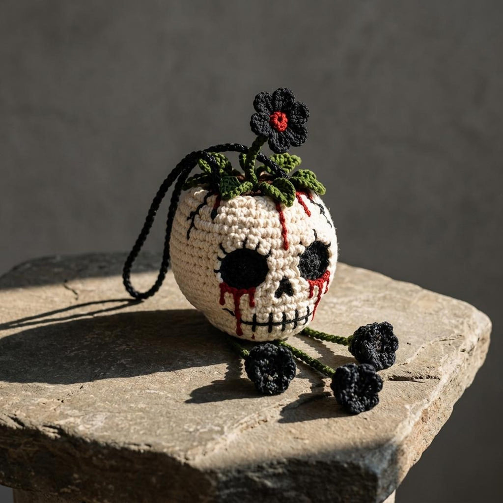 Gehäkelter Gothic-Schädel-Pflanzenanhänger – Ansicht 3 – Maschenblüte