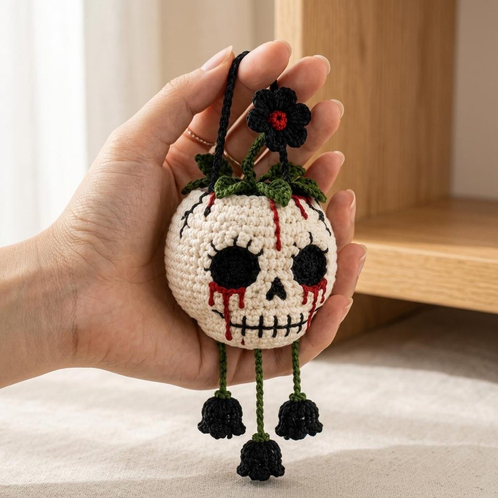 Gehäkelter Gothic-Schädel-Pflanzenanhänger – Ansicht 6 – Maschenblüte