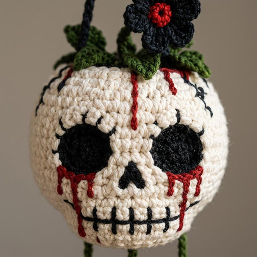 Gehäkelter Gothic-Schädel-Pflanzenanhänger – Ansicht 7 – Maschenblüte
