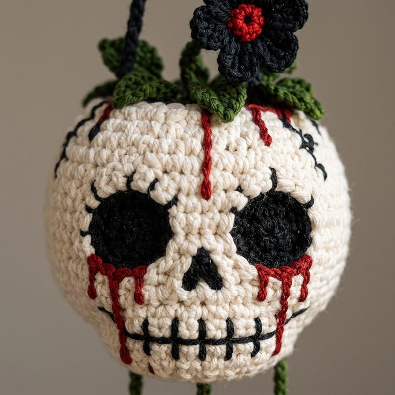 Gehäkelter Gothic-Schädel-Pflanzenanhänger – Ansicht 7 – Maschenblüte