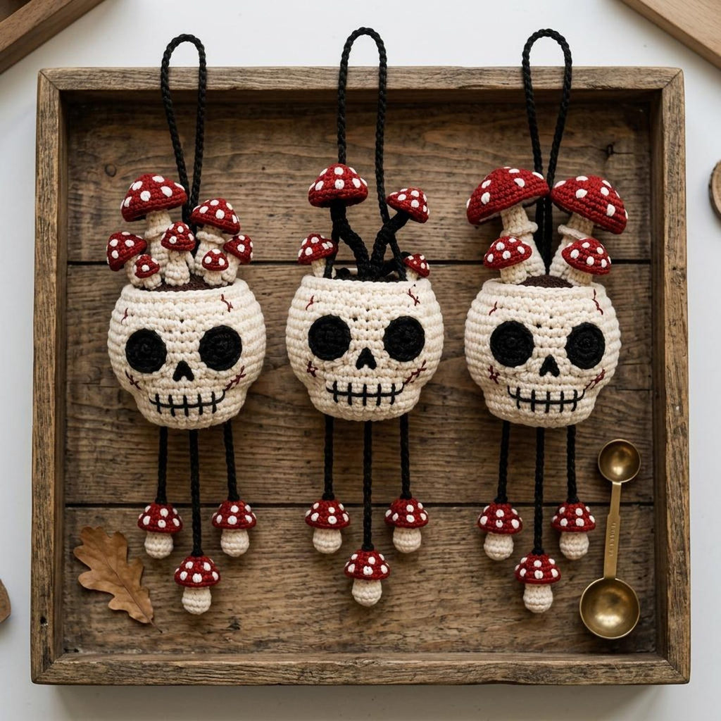 Gehäkelter Totenkopf-Pilz-Anhänger – Ansicht 6 – Maschenblüte