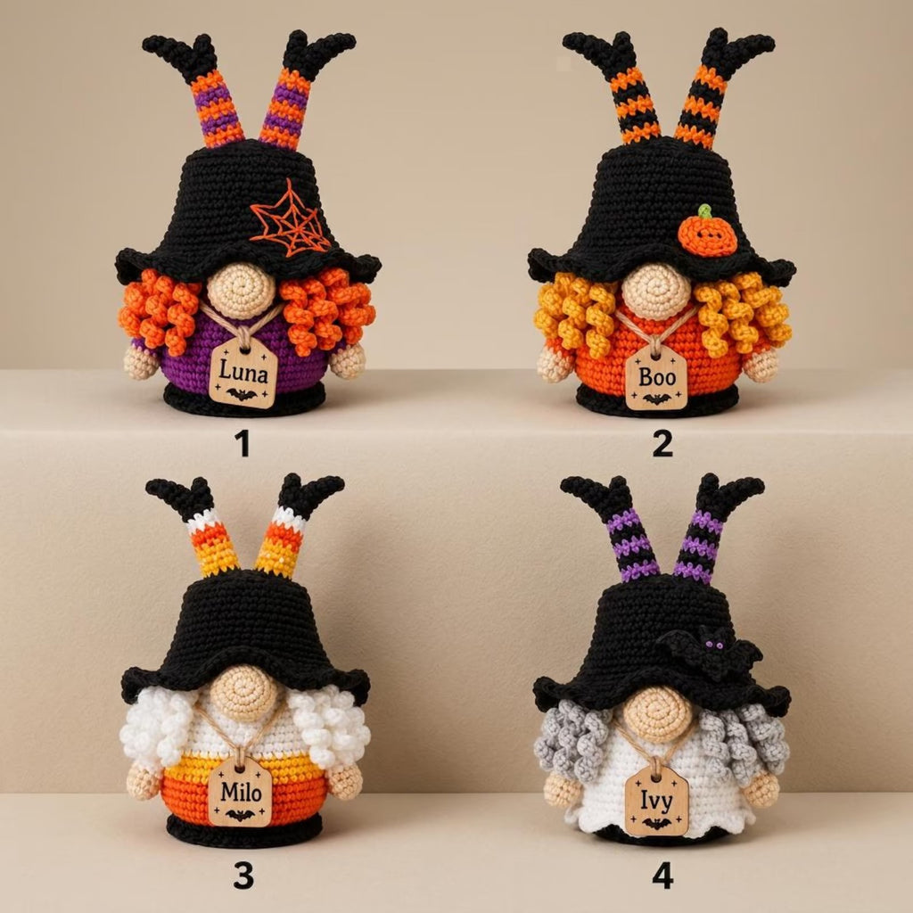 Candy Corn Gehäkelter Hexenzwerg, personalisierter Halloween-Plüsch, handgemachtes Herbstdekor, süßes Halloween-Geschenk
