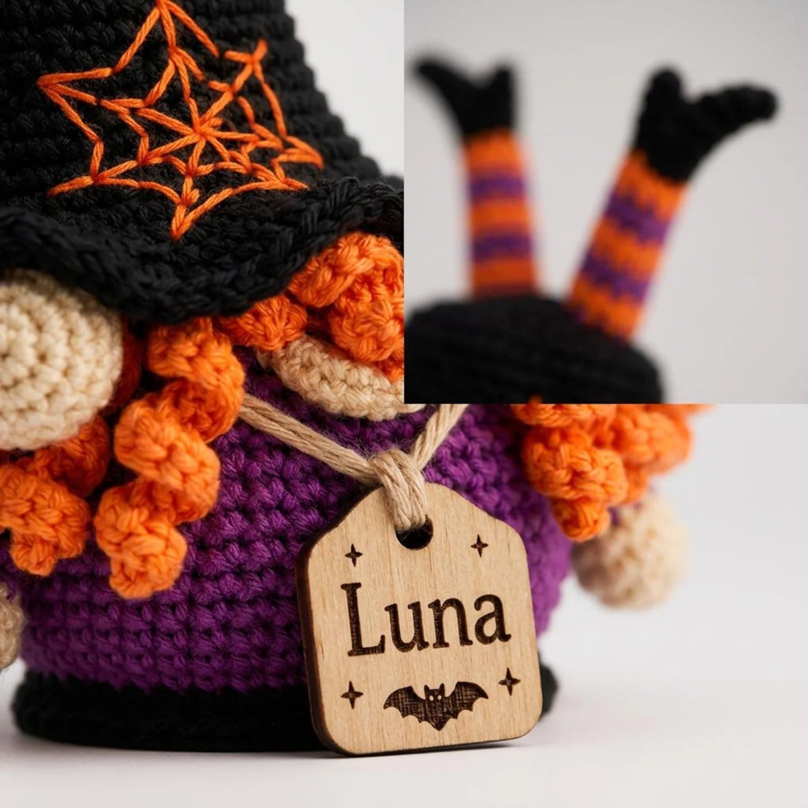 Candy Corn Gehäkelter Hexenzwerg, personalisierter Halloween-Plüsch, handgemachtes Herbstdekor, süßes Halloween-Geschenk