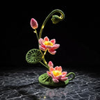 Gehäkelte Lotusblumenlampe, rosa Blumen-Schreibtisch-Nachtlicht, Lichterkette, Sockel aus Buchenholz