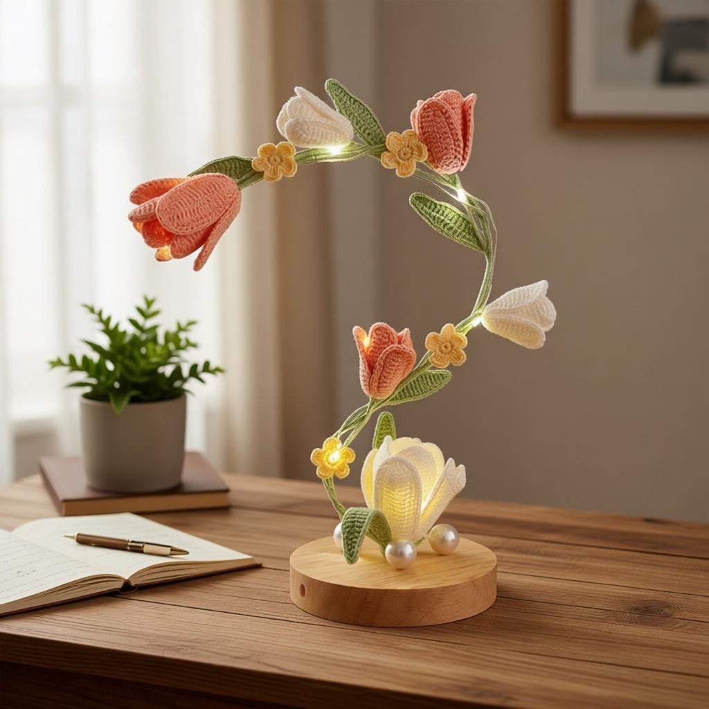 Gehäkelte Tulpenlampe, romantisches florales Nachtlicht, Tischdekoration aus Baumwollgarn