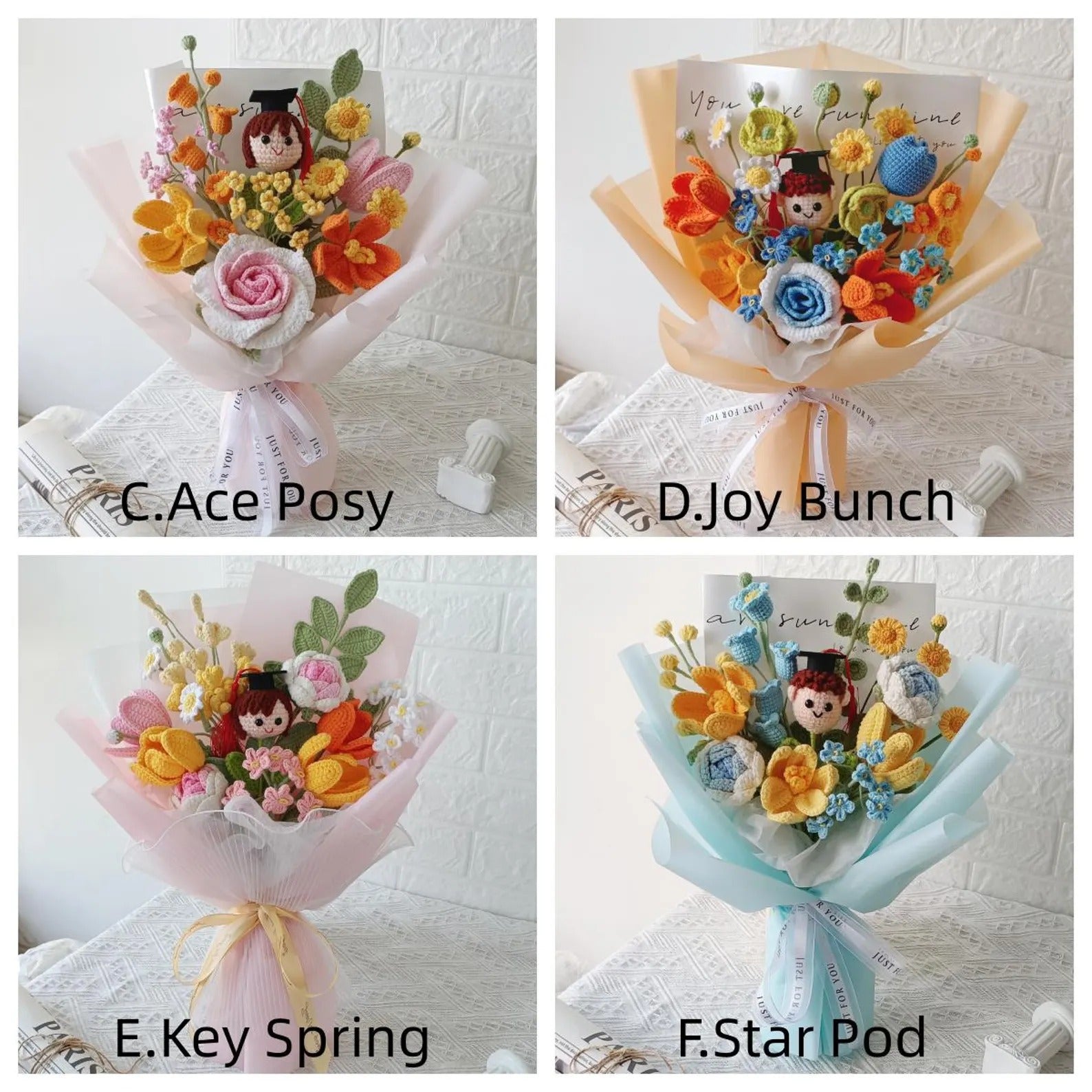 Gehäkelter Abschlussstrauß mit individueller Amigurumi-Puppe, handgemachtes Blumen-Andenken-Geschenk