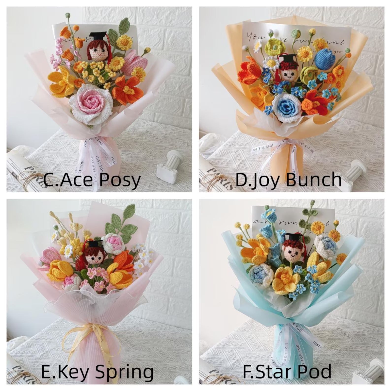 Gehäkelter Abschlussstrauß mit individueller Puppe, handgemachtes Blumengeschenk für Absolventin