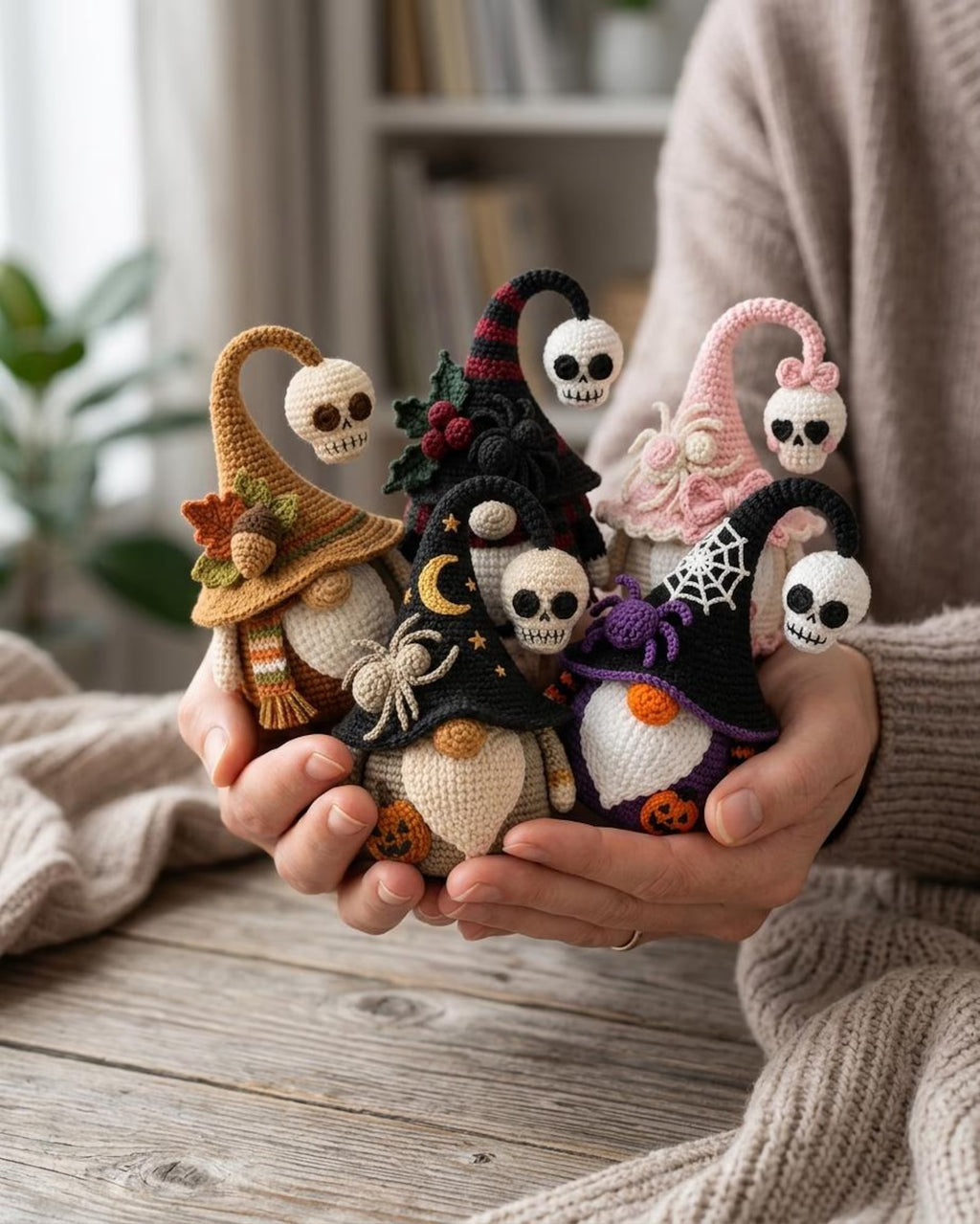 Gehäkelter Hexenwichtel Plüsch, Totenkopfhut Halloween-Zwerg, handgemachtes Gothic-Dekor, gruselige Halloween-Puppe, Geschenk für Hexenliebhaber