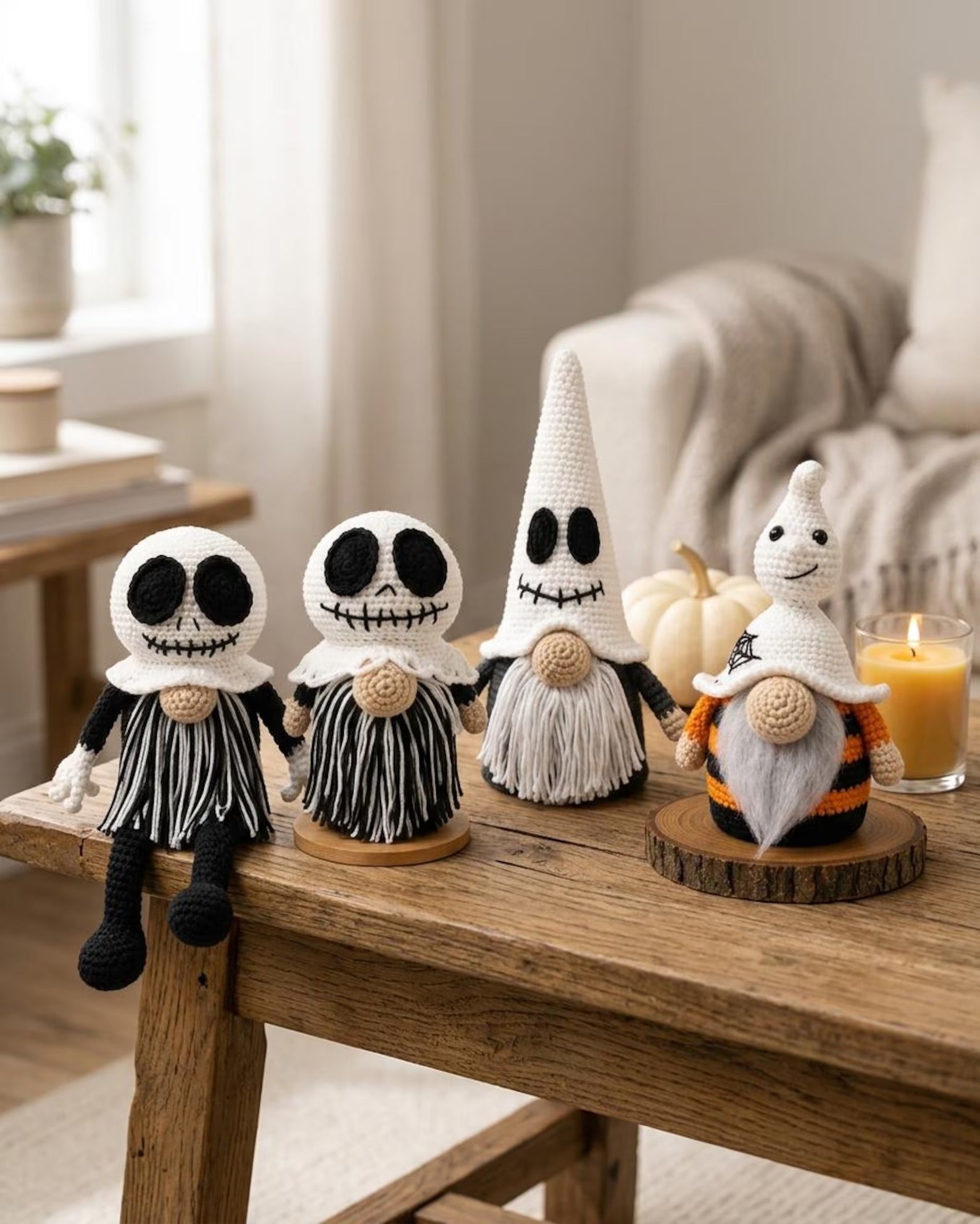 Gehäkelter Skelett-Wichtel, Halloween-Häkelpuppe, handgemachtes Skelett-Plüschtier, gruseliges Zwergen-Dekor, Gothic-Halloween-Dekoration