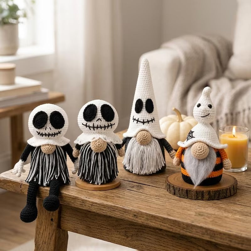 Gehäkelter Skelett-Wichtel, Halloween-Häkelpuppe, handgemachtes Skelett-Plüschtier, gruseliges Zwergen-Dekor, Gothic-Halloween-Dekoration