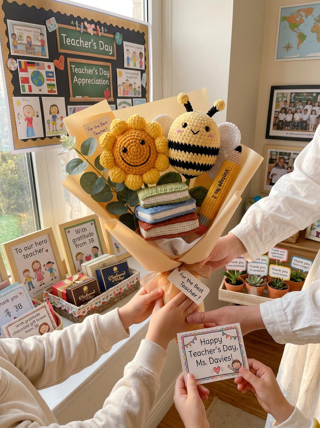 Gehäkelter Sonnenblumenstrauß, handgemachtes Strickblumen-Geschenk, Dankeschön-Geschenk, Lehrer-Anerkennungsgeschenk, süßes Abschlussgeschenk, Blumenstrauß-Dekor