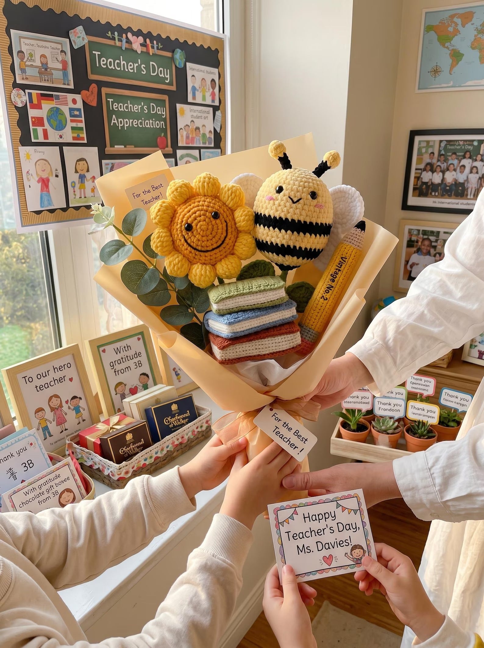 Gehäkelter Sonnenblumenstrauß, handgemachtes Strickblumen-Geschenk, Dankeschön-Geschenk, Lehrer-Anerkennungsgeschenk, süßes Abschlussgeschenk, Blumenstrauß-Dekor