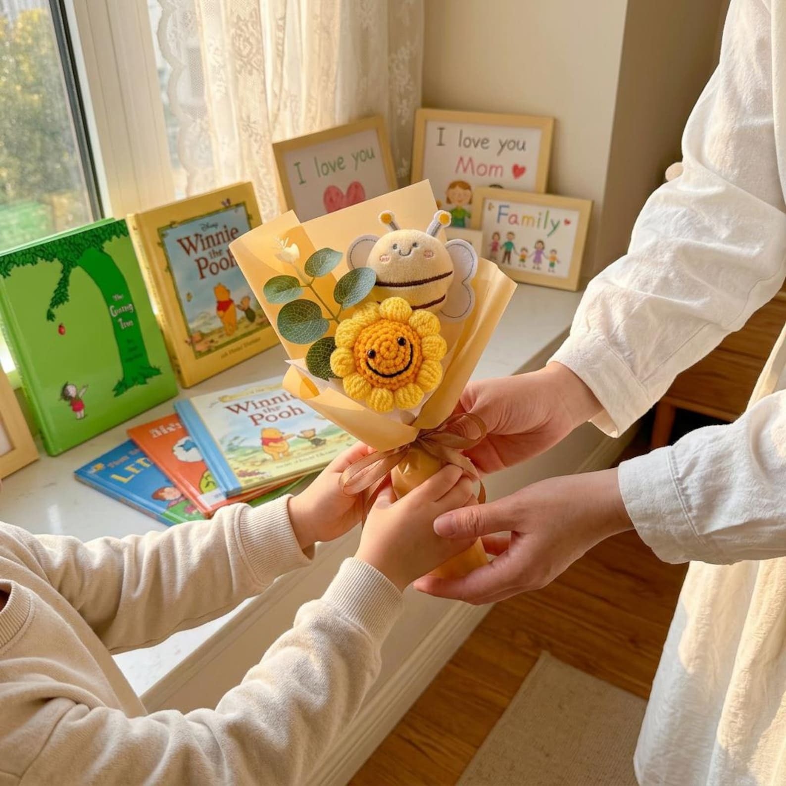 Gehäkelter Sonnenblumenstrauß, handgemachtes Strickblumen-Geschenk, Dankeschön-Geschenk, Lehrer-Anerkennungsgeschenk, süßes Abschlussgeschenk, Blumenstrauß-Dekor