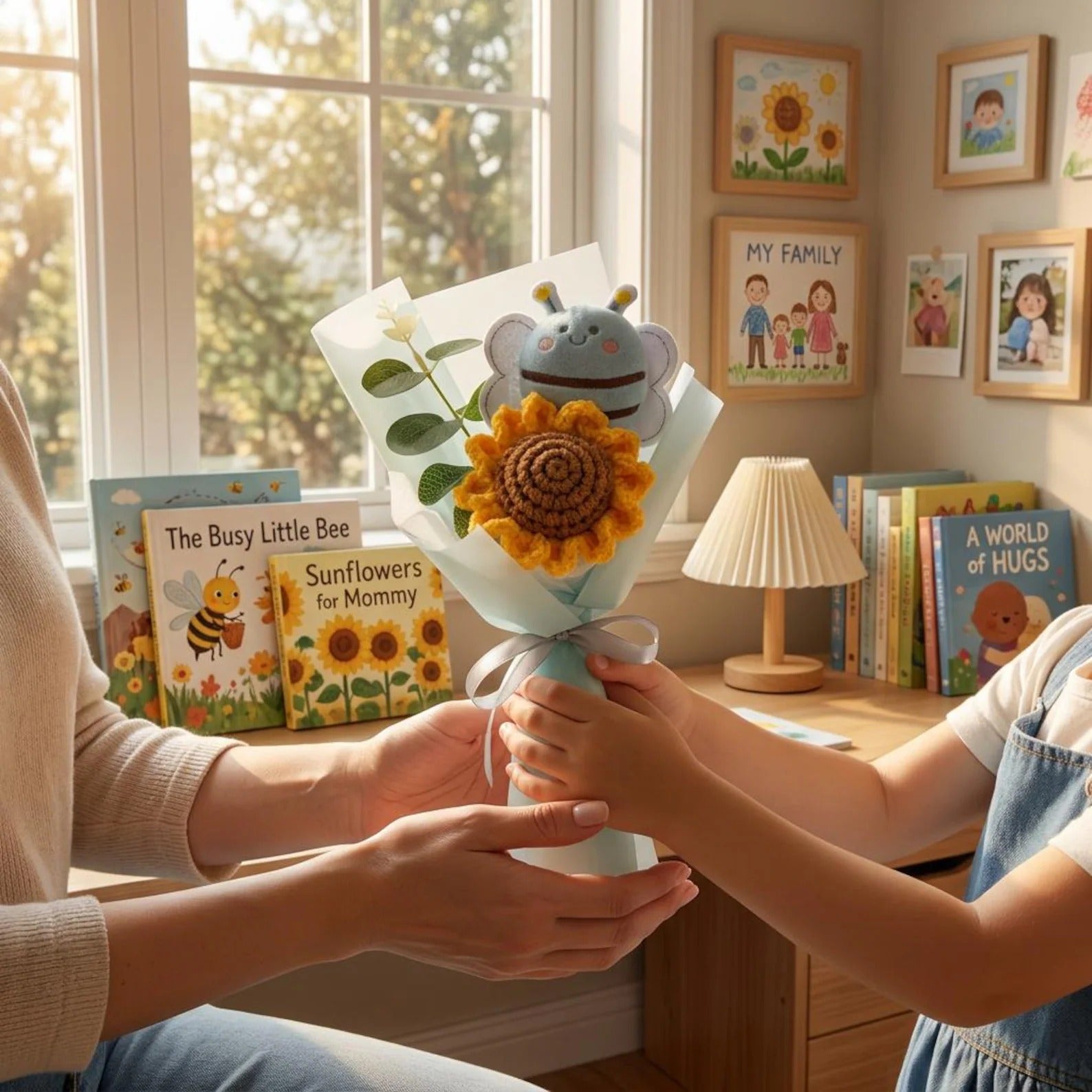 Gehäkelter Sonnenblumenstrauß, handgemachtes Strickblumen-Geschenk, Dankeschön-Geschenk, Lehrer-Anerkennungsgeschenk, süßes Abschlussgeschenk, Blumenstrauß-Dekor