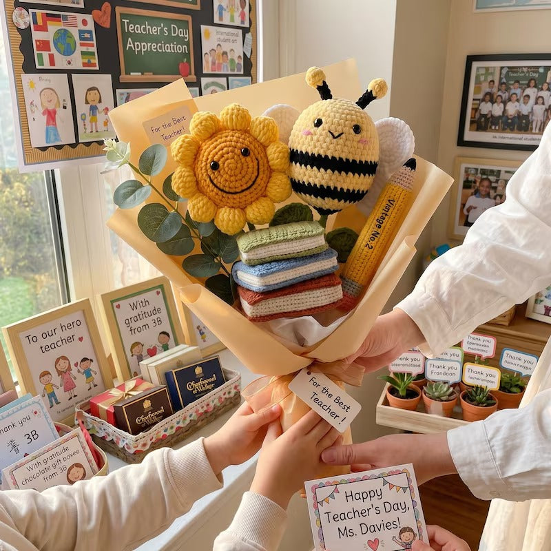 Gehäkelter Sonnenblumenstrauß, handgemachtes Strickblumen-Geschenk, Dankeschön-Geschenk, Lehrer-Anerkennungsgeschenk, süßes Abschlussgeschenk, Blumenstrauß-Dekor