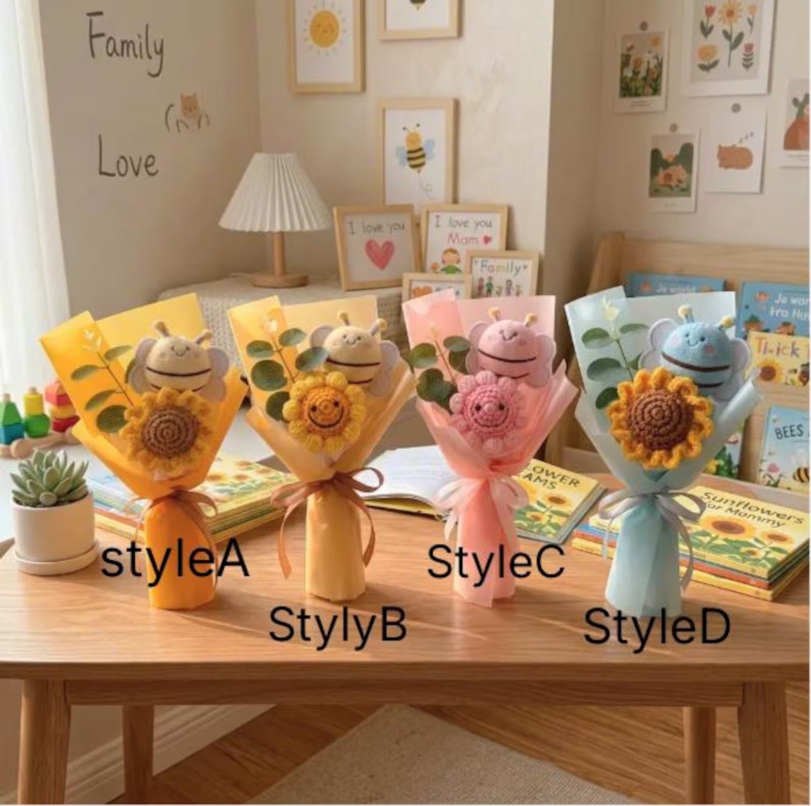 Gehäkelter Sonnenblumenstrauß, handgemachtes Strickblumen-Geschenk, Dankeschön-Geschenk, Lehrer-Anerkennungsgeschenk, süßes Abschlussgeschenk, Blumenstrauß-Dekor