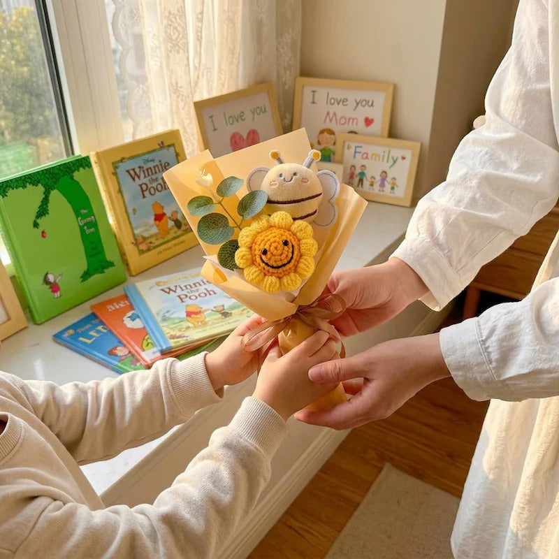 Gehäkelter Sonnenblumenstrauß, handgemachtes Strickblumen-Geschenk, Dankeschön-Geschenk, Lehrer-Anerkennungsgeschenk, süßes Abschlussgeschenk, Blumenstrauß-Dekor