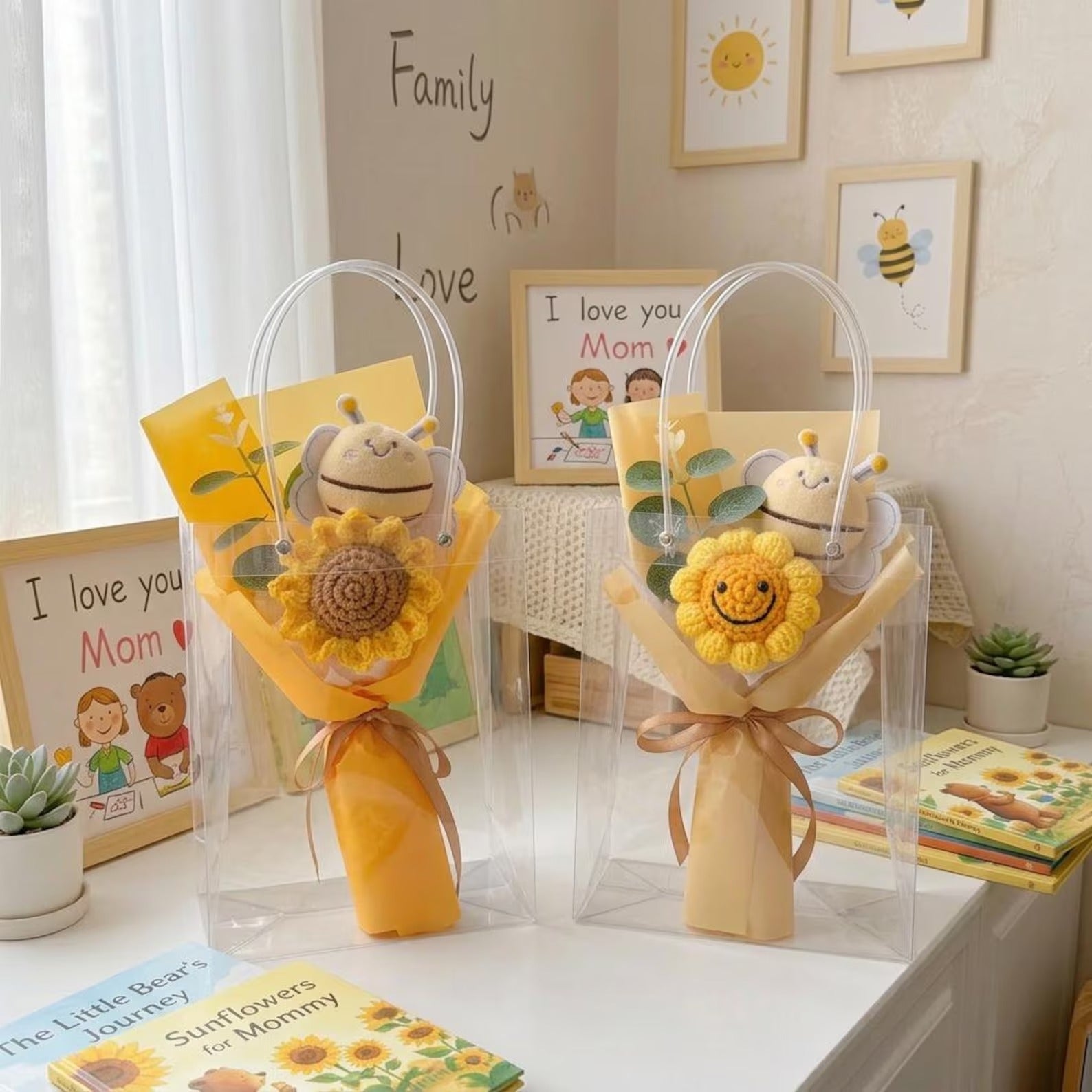 Gehäkelter Sonnenblumenstrauß, handgemachtes Strickblumen-Geschenk, Dankeschön-Geschenk, Lehrer-Anerkennungsgeschenk, süßes Abschlussgeschenk, Blumenstrauß-Dekor