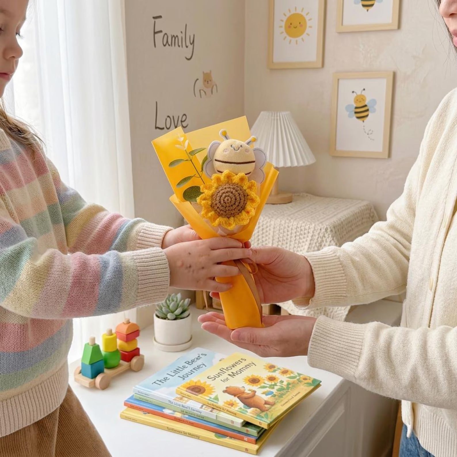 Gehäkelter Sonnenblumenstrauß, handgemachtes Strickblumen-Geschenk, Dankeschön-Geschenk, Lehrer-Anerkennungsgeschenk, süßes Abschlussgeschenk, Blumenstrauß-Dekor
