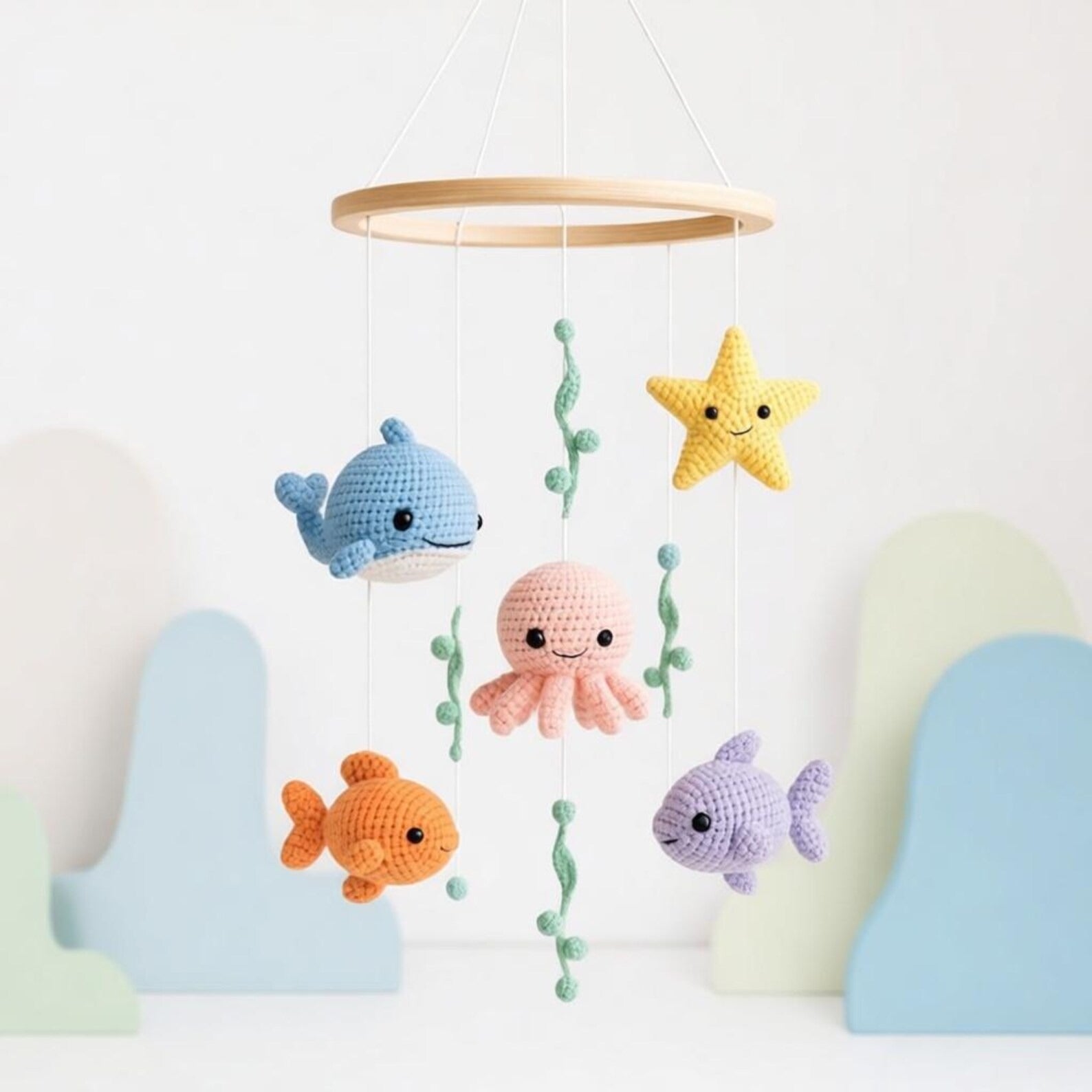 Gehäkeltes Baby-Mobile aus Baumwolle: Wal, Oktopus, Seestern, Fisch-Kinderzimmerdekoration