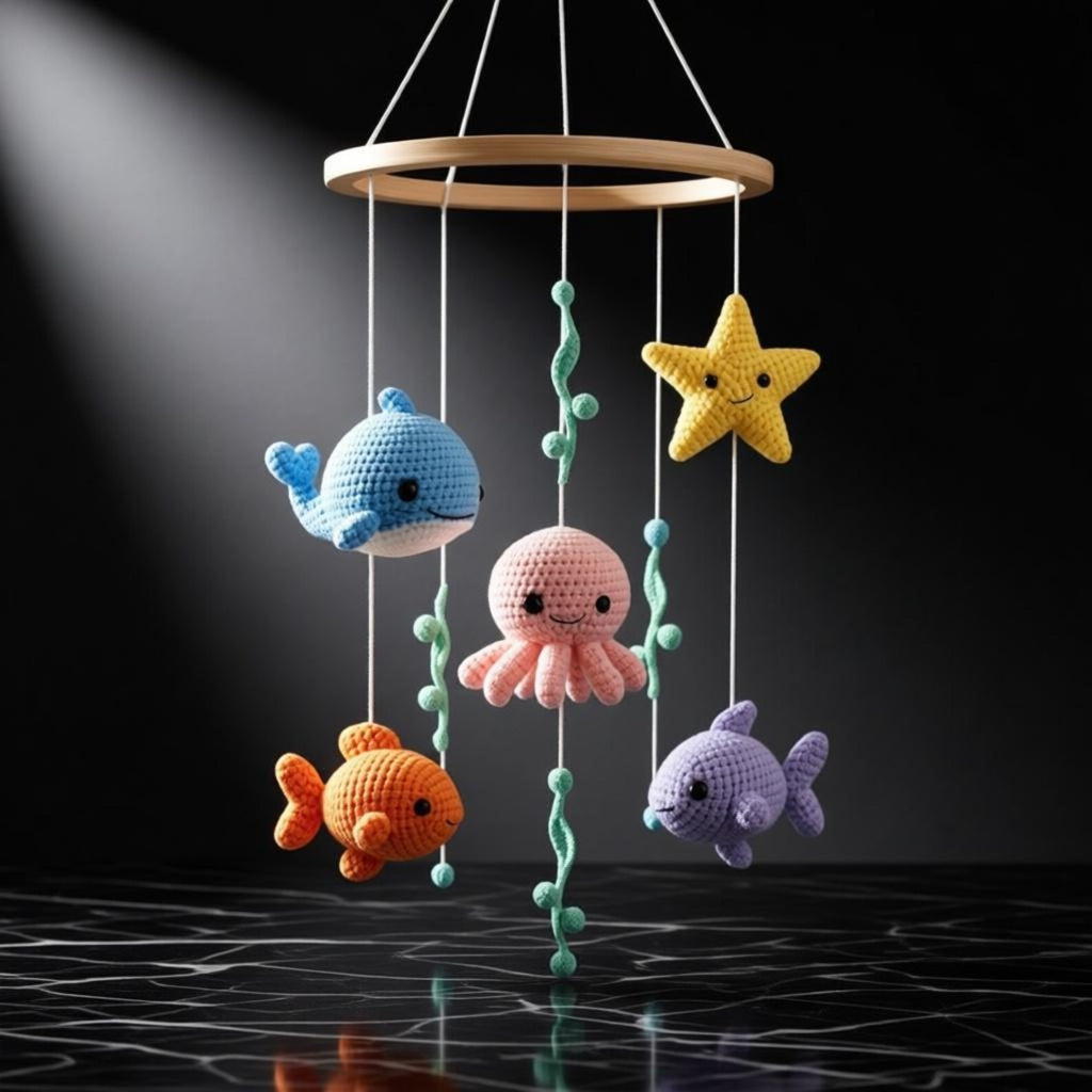 Gehäkeltes Baby-Mobile aus Baumwolle: Wal, Oktopus, Seestern, Fisch-Kinderzimmerdekoration