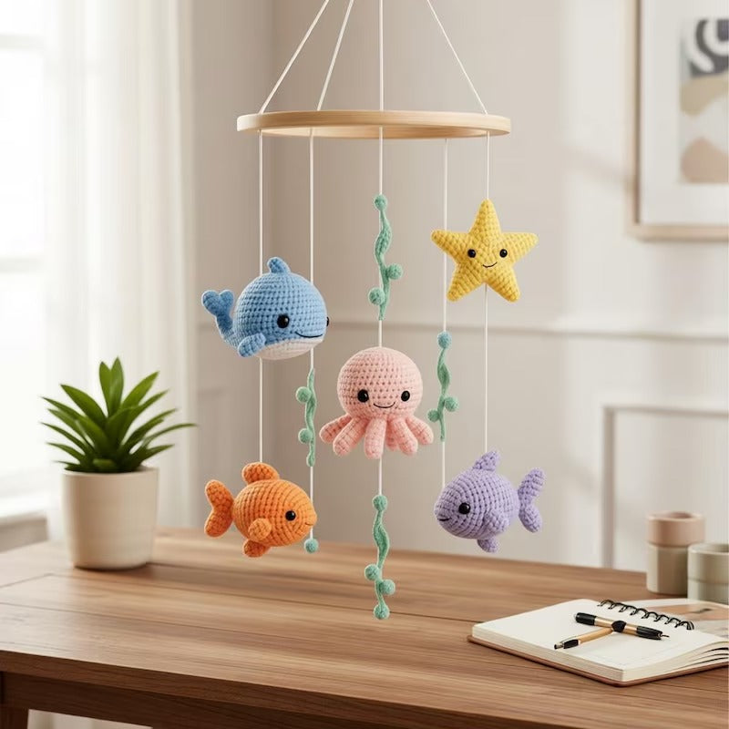 Gehäkeltes Baby-Mobile aus Baumwolle: Wal, Oktopus, Seestern, Fisch-Kinderzimmerdekoration
