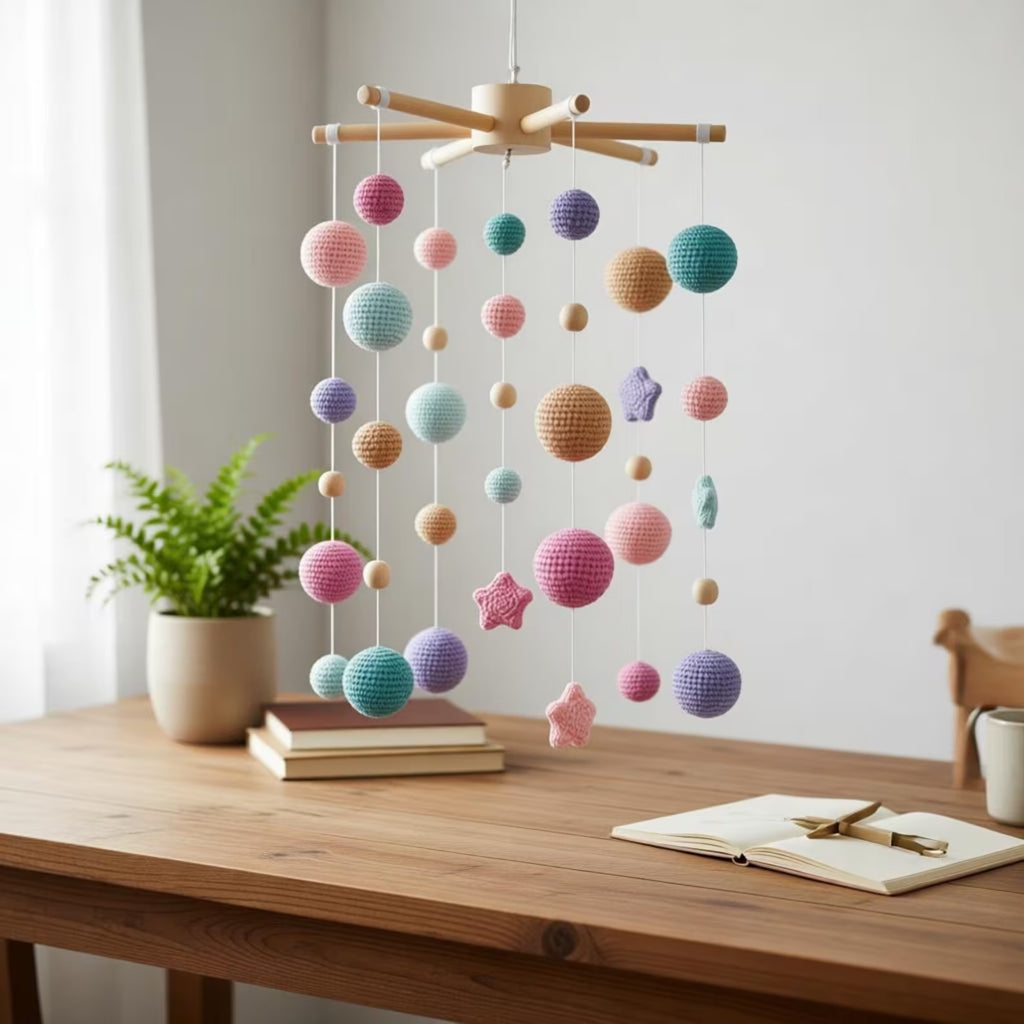 Gehäkeltes Ball- und Stern-Baby-Mobile – Pastellfarbene Kinderzimmerdekoration