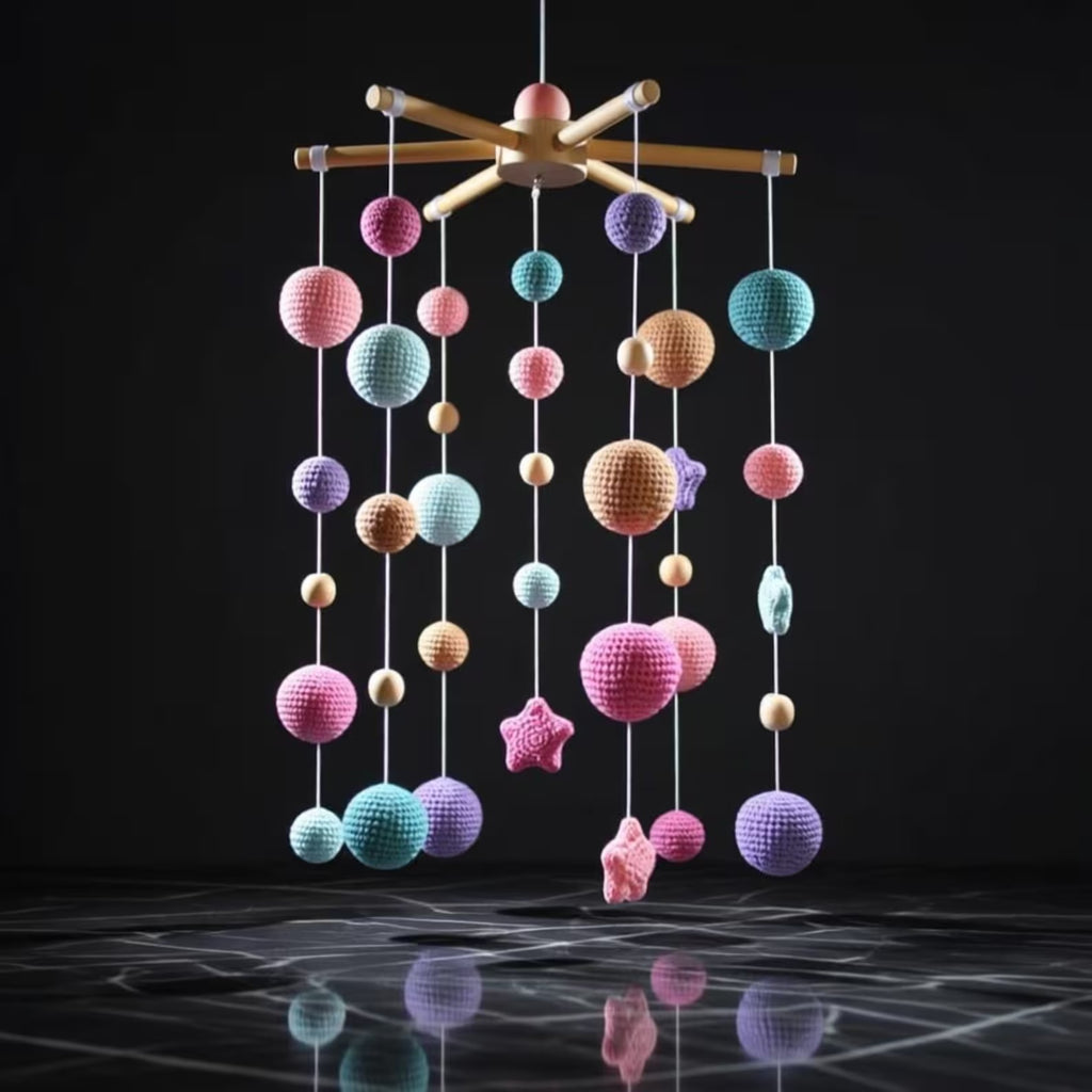 Gehäkeltes Ball- und Stern-Baby-Mobile – Pastellfarbene Kinderzimmerdekoration