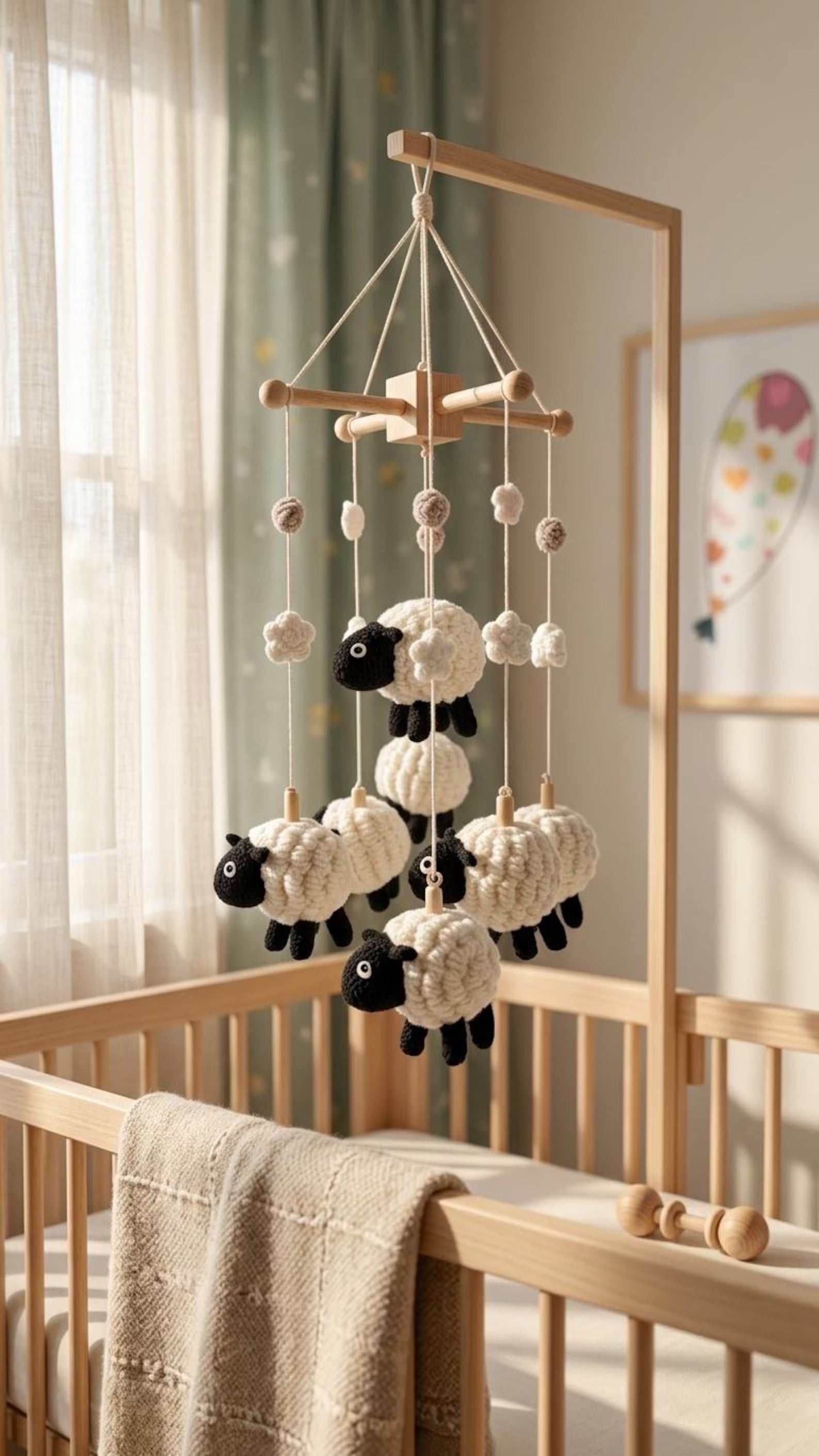 Gehäkeltes Schaf-Mobile, handgemachtes Baby-Mobile fürs Kinderzimmer, süßes Schaf-Dekor, weiche Wolle-Babyzimmer-Geschenk, anpassbar