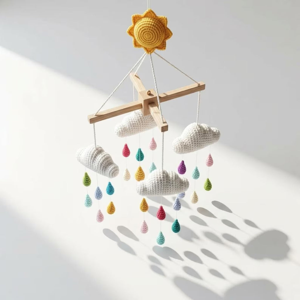 Gehäkeltes Wolken-Regentropfen-Mobile, Regenbogen-Kinderzimmerdekoration, Babyparty-Geschenk, Krippendekoration