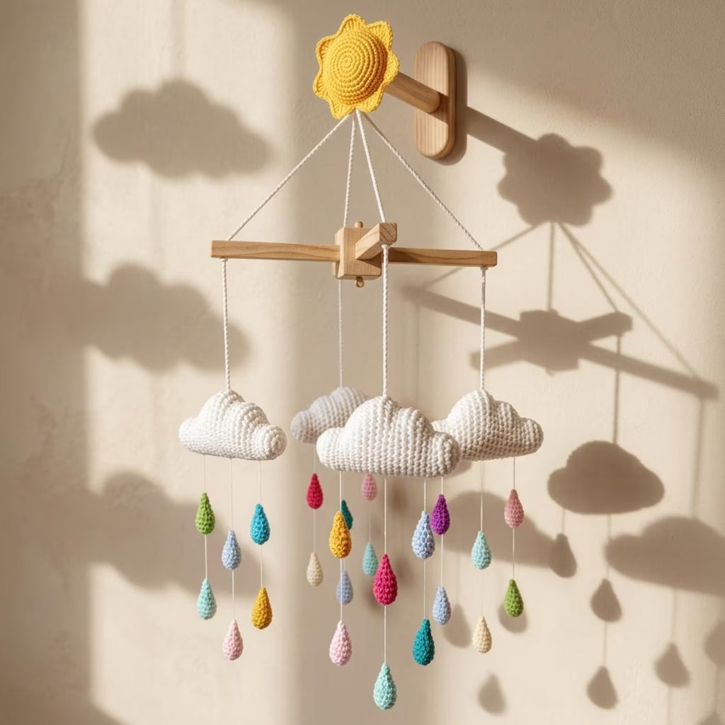 Gehäkeltes Wolken-Regentropfen-Mobile, Regenbogen-Kinderzimmerdekoration, Babyparty-Geschenk, Krippendekoration