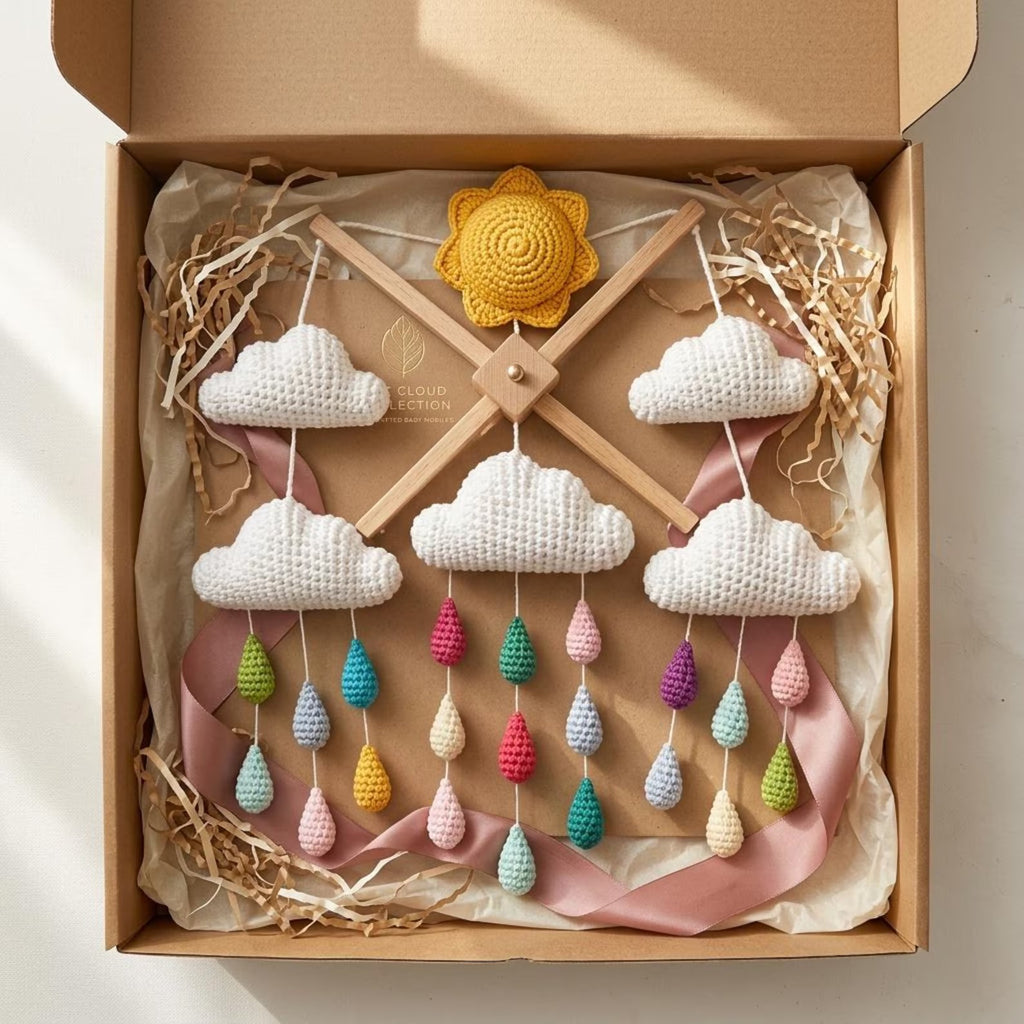 Gehäkeltes Wolken-Regentropfen-Mobile, Regenbogen-Kinderzimmerdekoration, Babyparty-Geschenk, Krippendekoration