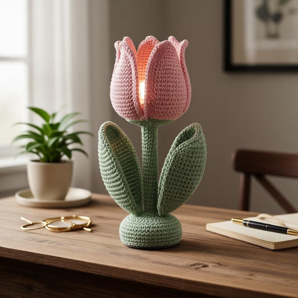 Handgefertigte gehäkelte Tulpenlampe: Rosa Blumen-Nachtlicht, Schlafzimmerdekoration, Baumwollgarn-Handwerk