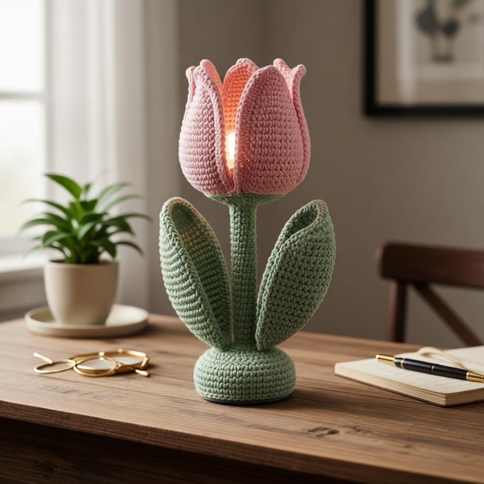 Handgefertigte gehäkelte Tulpenlampe: Rosa Blumen-Nachtlicht, Schlafzimmerdekoration, Baumwollgarn-Handwerk