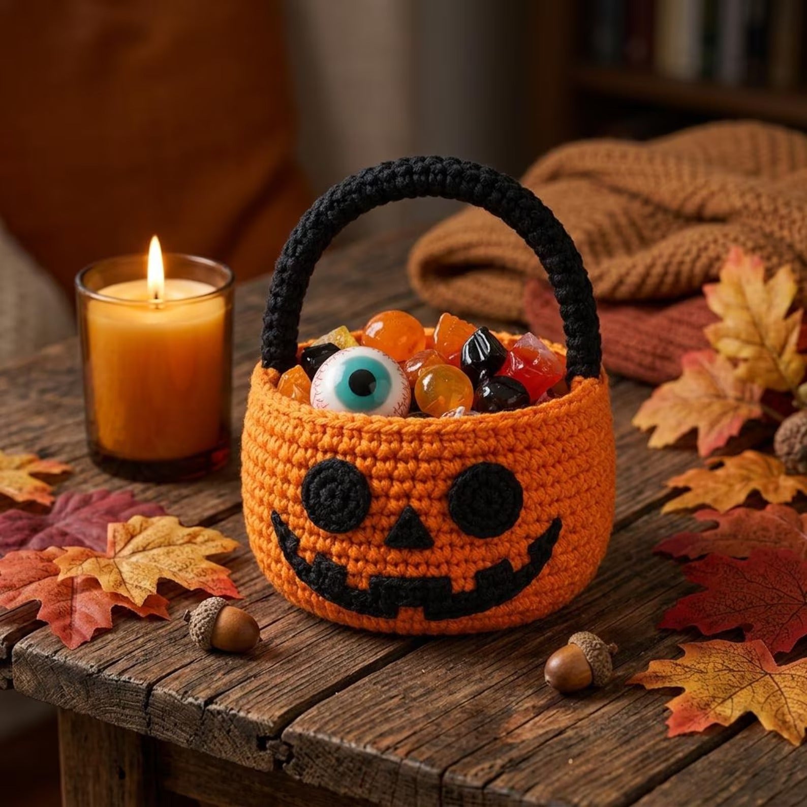 Handgefertigter gehäkelter Kürbiskorb, Halloween-Süßigkeitenhalter, Halloween-Dekor, Geschenk für Kinder