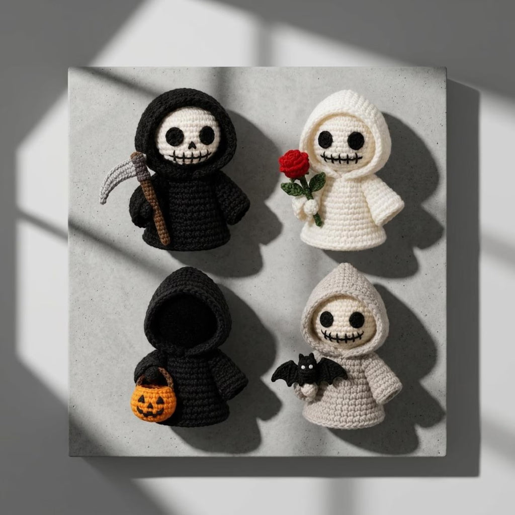 Handgefertigter Gehäkelter Sensenmann, Halloween-Skelett-Plüsch, Gothic-Halloween-Dekoration, Reaper-Puppe-Geschenk für Sie