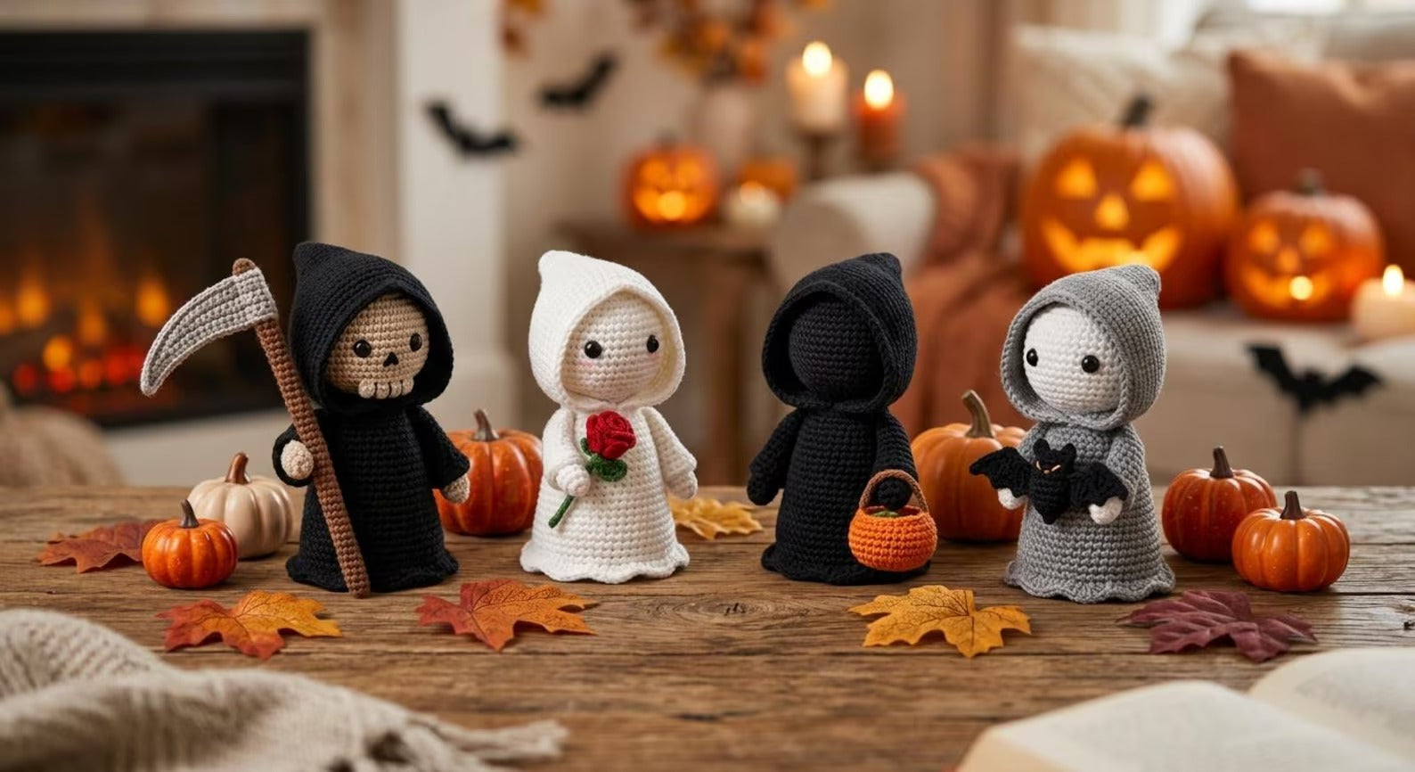 Handgefertigter Gehäkelter Sensenmann, Halloween-Skelett-Plüsch, Gothic-Halloween-Dekoration, Reaper-Puppe-Geschenk für Sie