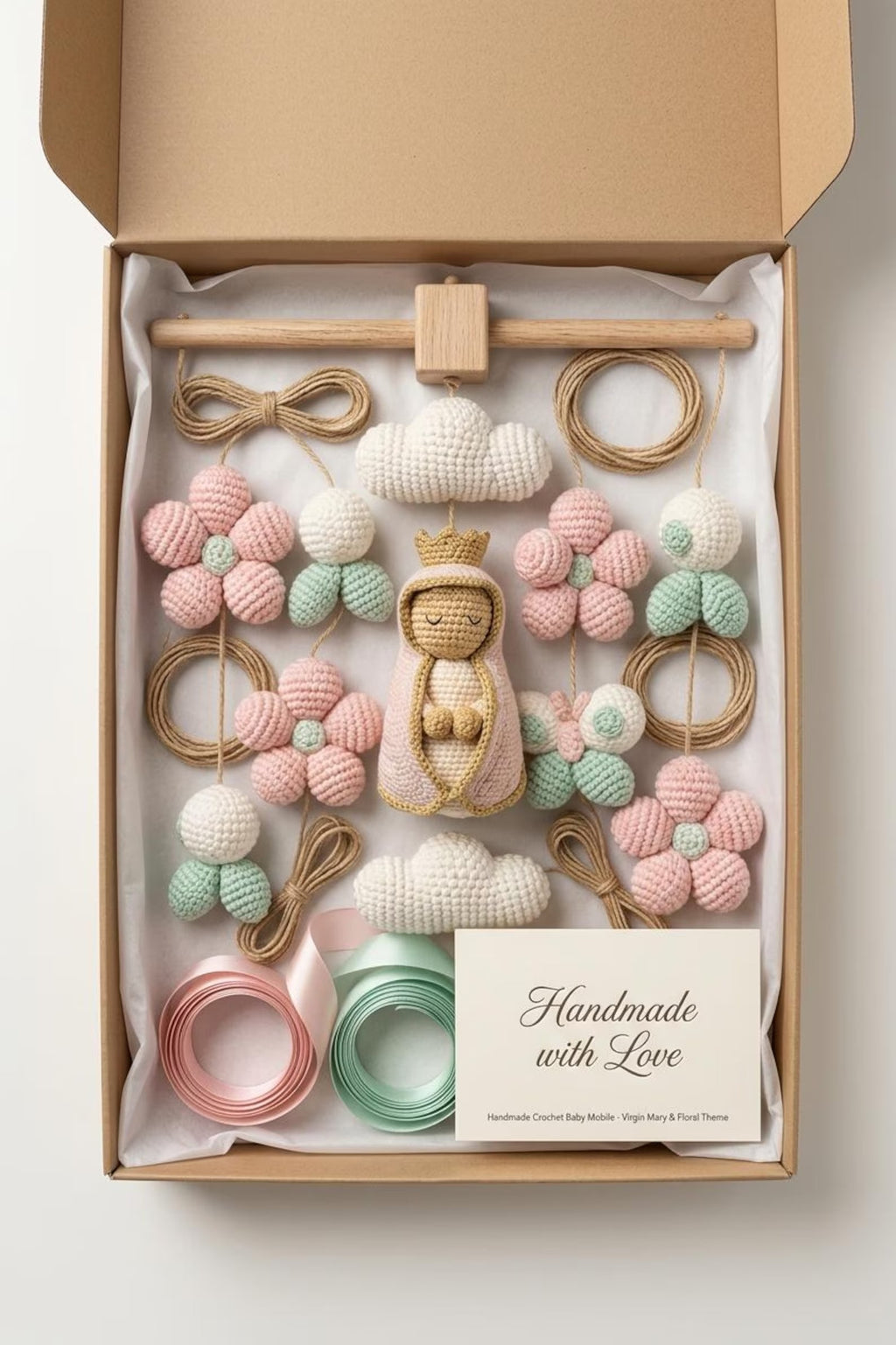Handgefertigtes gehäkeltes Blumen-Mobile der Jungfrau Maria, Prinzessinnen-Puppe-Kinderzimmer-Dekor, personalisiertes Babyzimmer-Geschenk