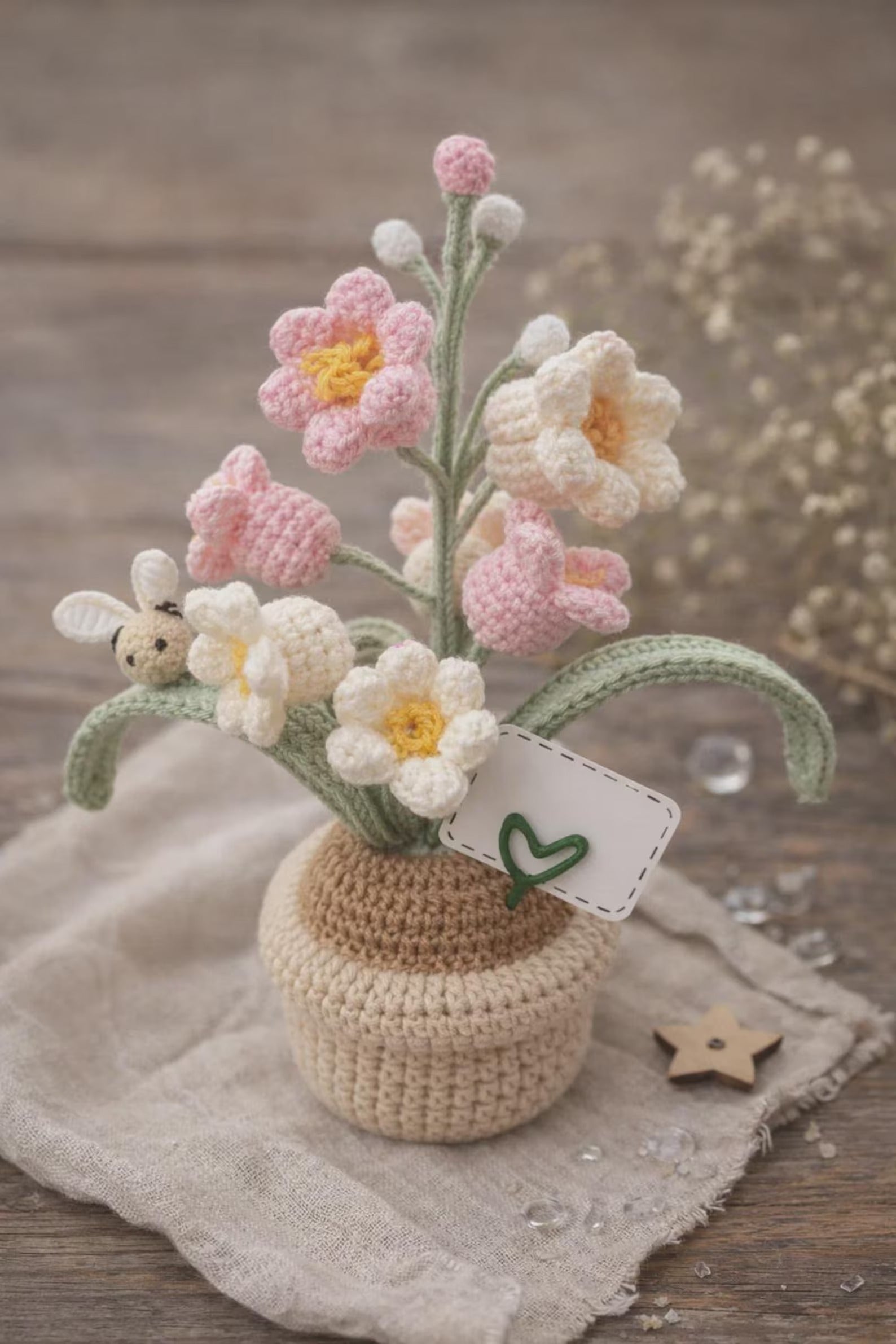 Handgefertigtes Gehäkeltes Lilien-Blumentopf-Dekor, Gehäkeltes Blumenarrangement, Amigurumi-Pflanzengeschenk, Schreibtischdekoration, süßes Wohndekor