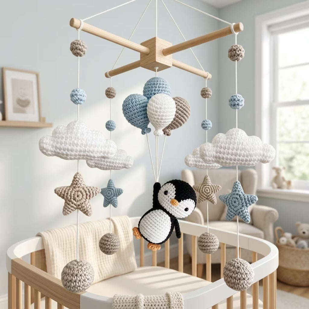 Handgefertigtes gehäkeltes Pinguin-Baby-Mobile, Wolke und Stern-Kinderzimmer-Mobile, personalisiertes Babydekor, Pinguin-Amigurumi-Mobile