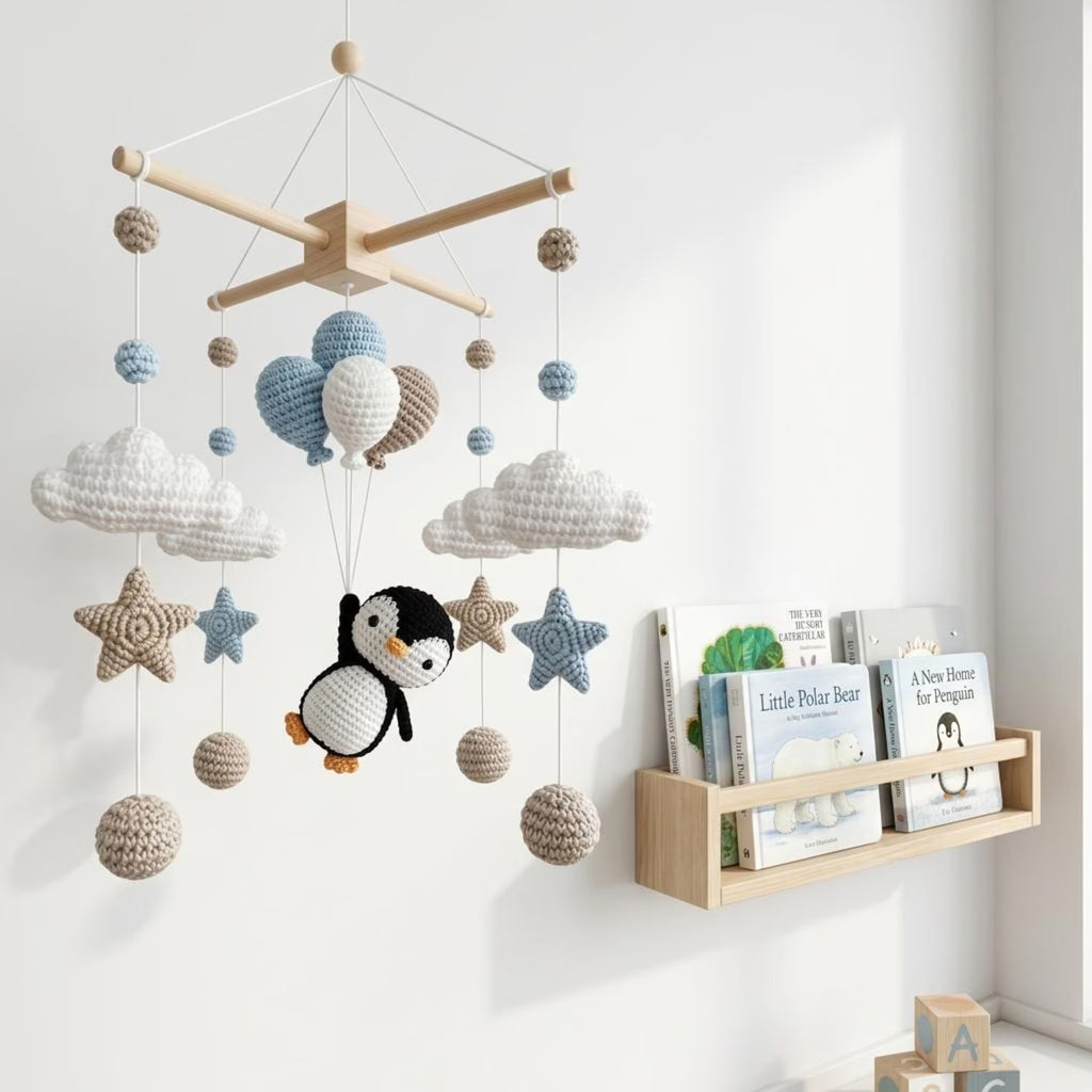 Handgefertigtes gehäkeltes Pinguin-Baby-Mobile, Wolke und Stern-Kinderzimmer-Mobile, personalisiertes Babydekor, Pinguin-Amigurumi-Mobile
