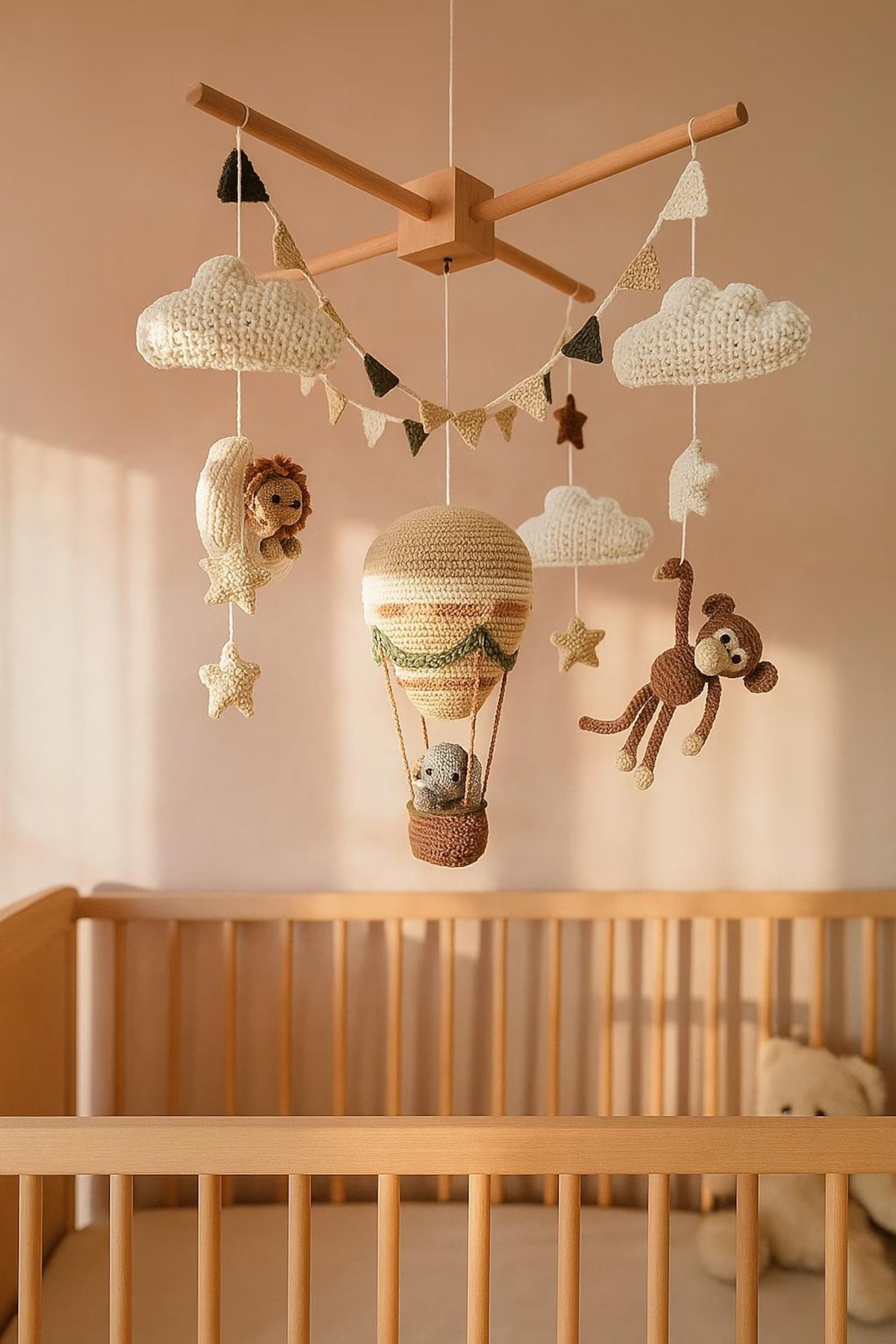 Heißluftballon-Baby-Mobile, Dschungel-Safari-Krippen-Mobile, handgefertigtes gehäkeltes Tier-Mobile, Boho-Kinderzimmer-Dekor für Baby Junge oder Mädchen
