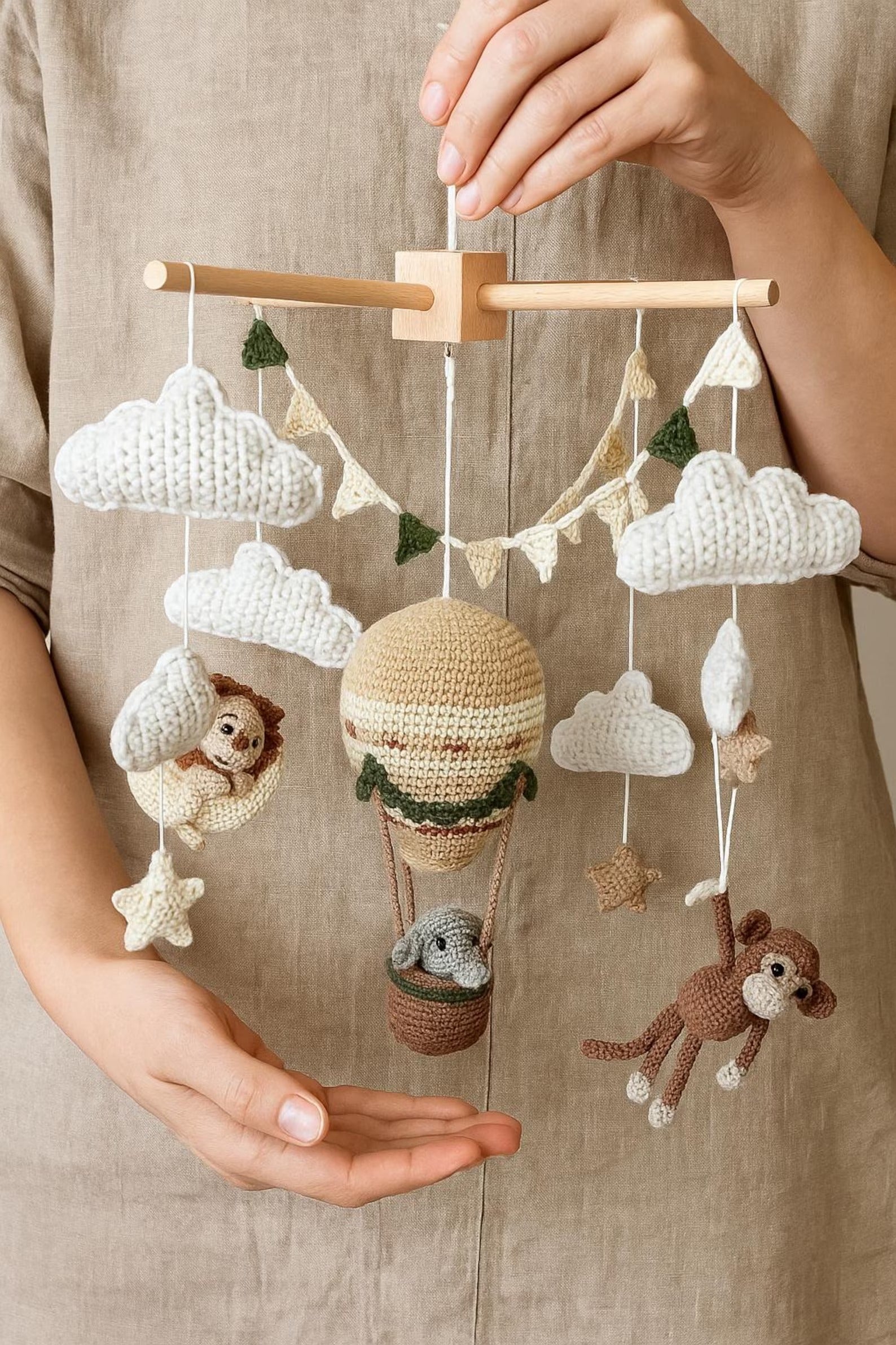 Heißluftballon-Baby-Mobile, Dschungel-Safari-Krippen-Mobile, handgefertigtes gehäkeltes Tier-Mobile, Boho-Kinderzimmer-Dekor für Baby Junge oder Mädchen