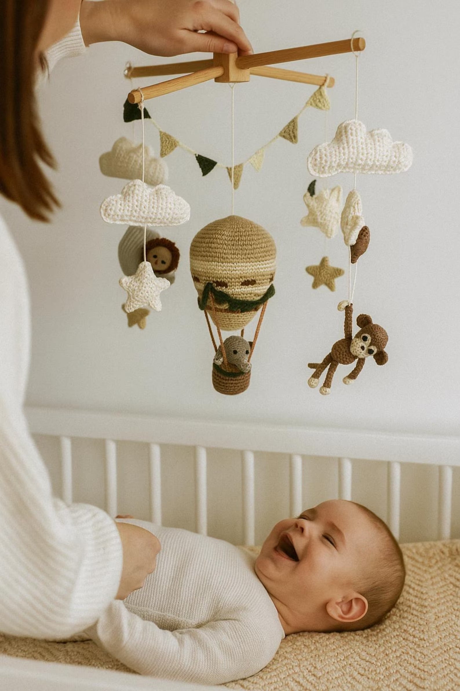 Heißluftballon-Baby-Mobile, Dschungel-Safari-Krippen-Mobile, handgefertigtes gehäkeltes Tier-Mobile, Boho-Kinderzimmer-Dekor für Baby Junge oder Mädchen