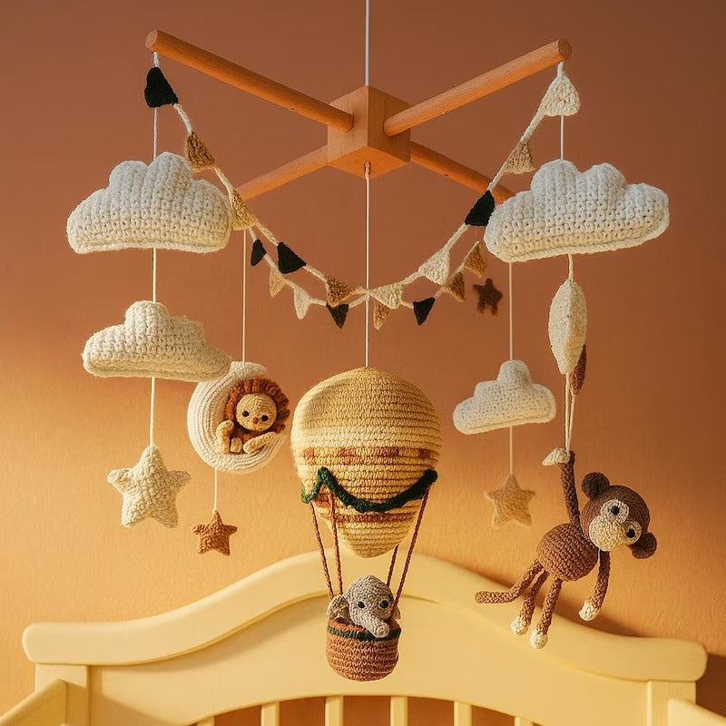 Heißluftballon-Baby-Mobile, Dschungel-Safari-Krippen-Mobile, handgefertigtes gehäkeltes Tier-Mobile, Boho-Kinderzimmer-Dekor für Baby Junge oder Mädchen